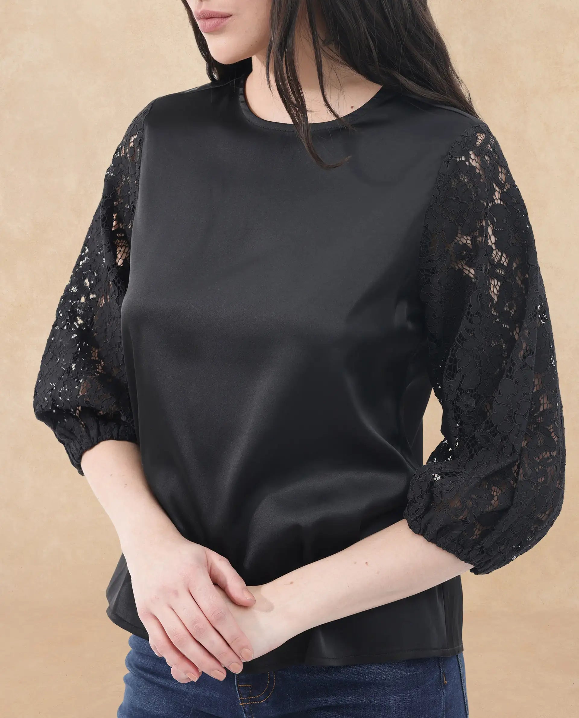 Rareism Women Norbury Black Polyester Fabric Balloon Sleeve Key Hole Neck Solid Regular Length Top