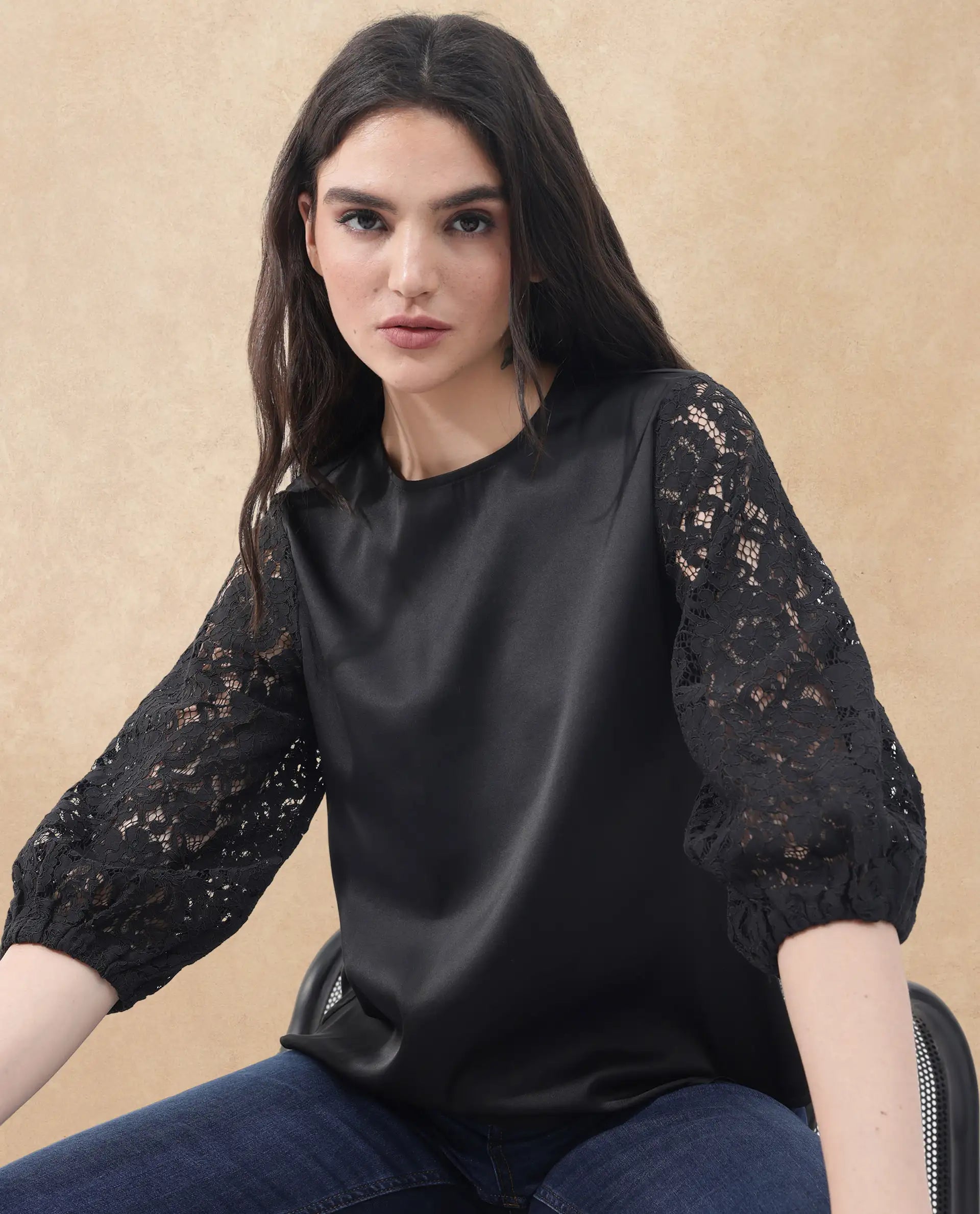 Rareism Women Norbury Black Polyester Fabric Balloon Sleeve Key Hole Neck Solid Regular Length Top