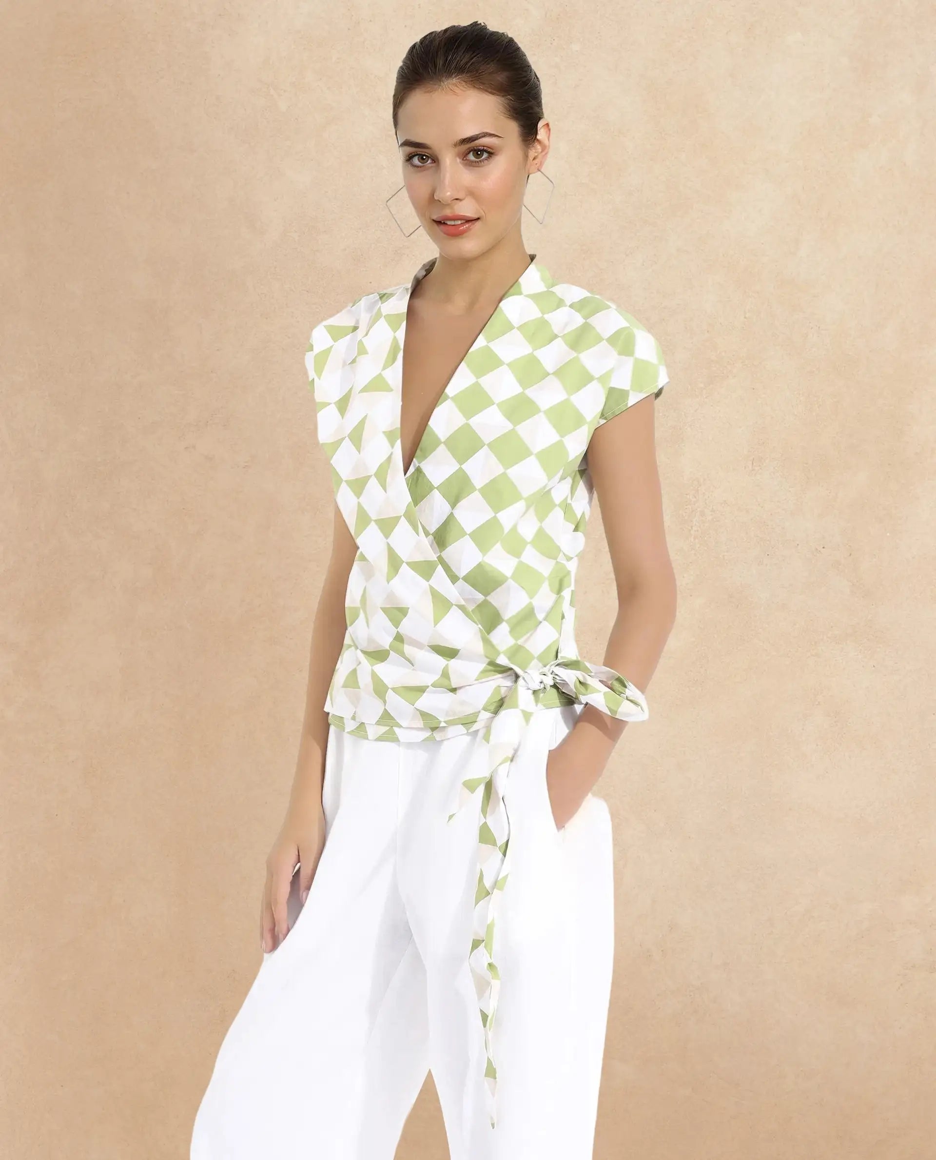 Rareism Women Novarna Light Green Extended Sleeves Over Lap Neck Button Closure Geometric Print Top