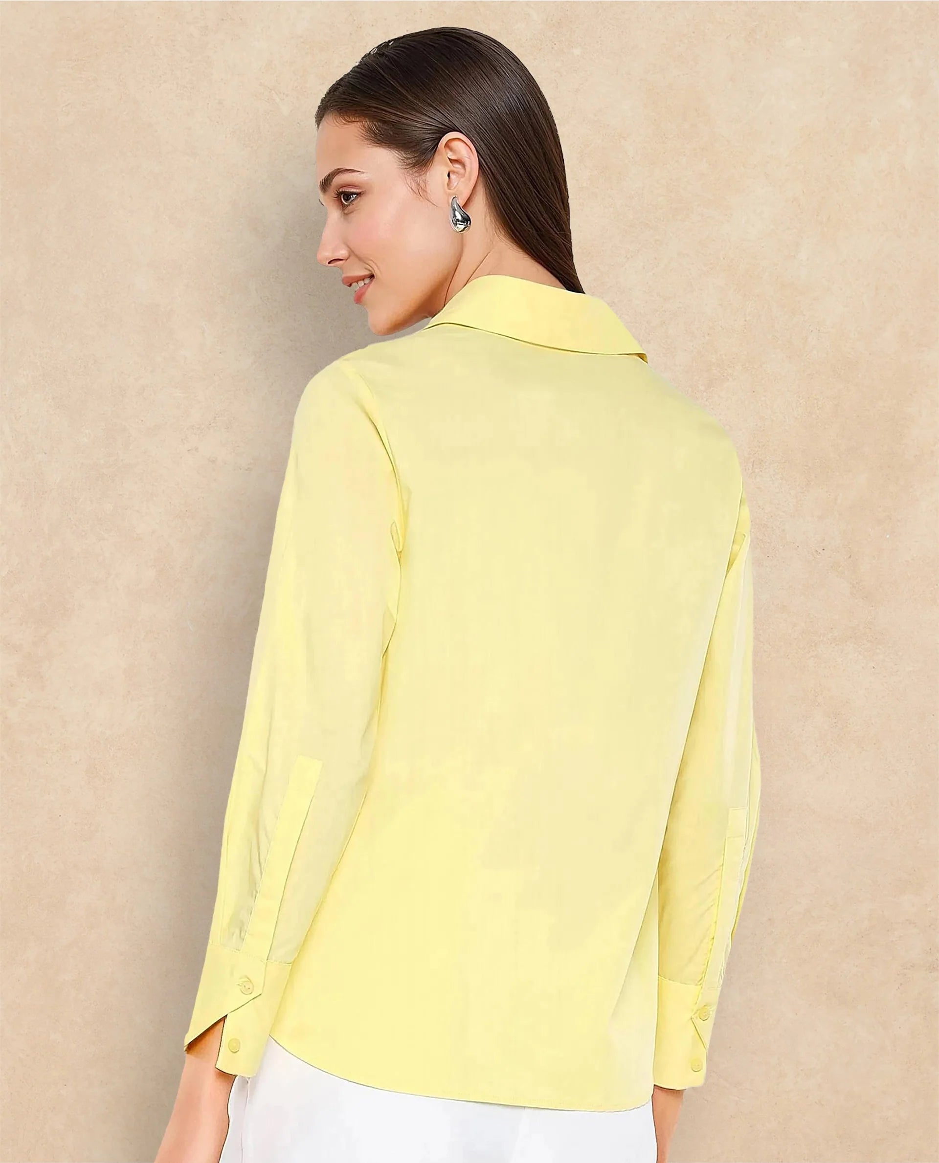 Rareism Women Nuda Yellow Poplin Fabric Full Sleeve Collared Neck Button Closure Plain Top