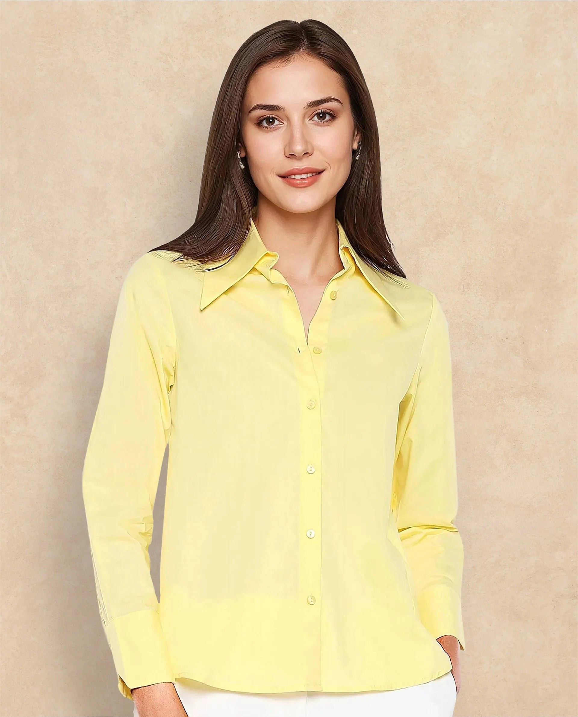 Rareism Women Nuda Yellow Poplin Fabric Full Sleeve Collared Neck Button Closure Plain Top