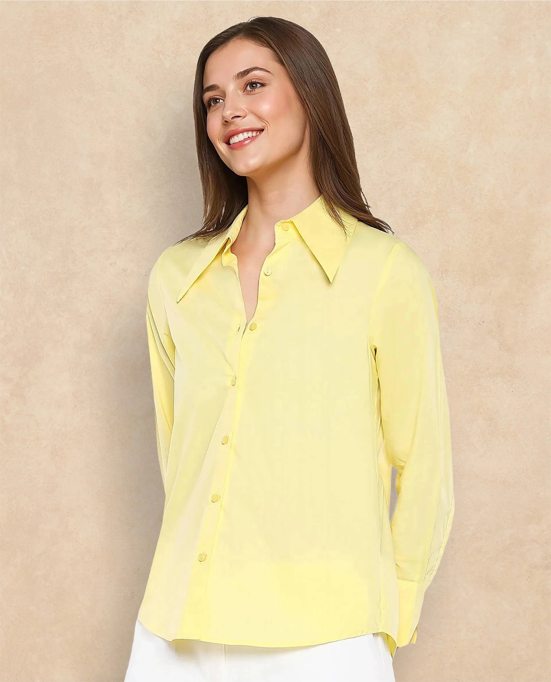 Rareism Women Nuda Yellow Poplin Fabric Full Sleeve Collared Neck Button Closure Plain Top