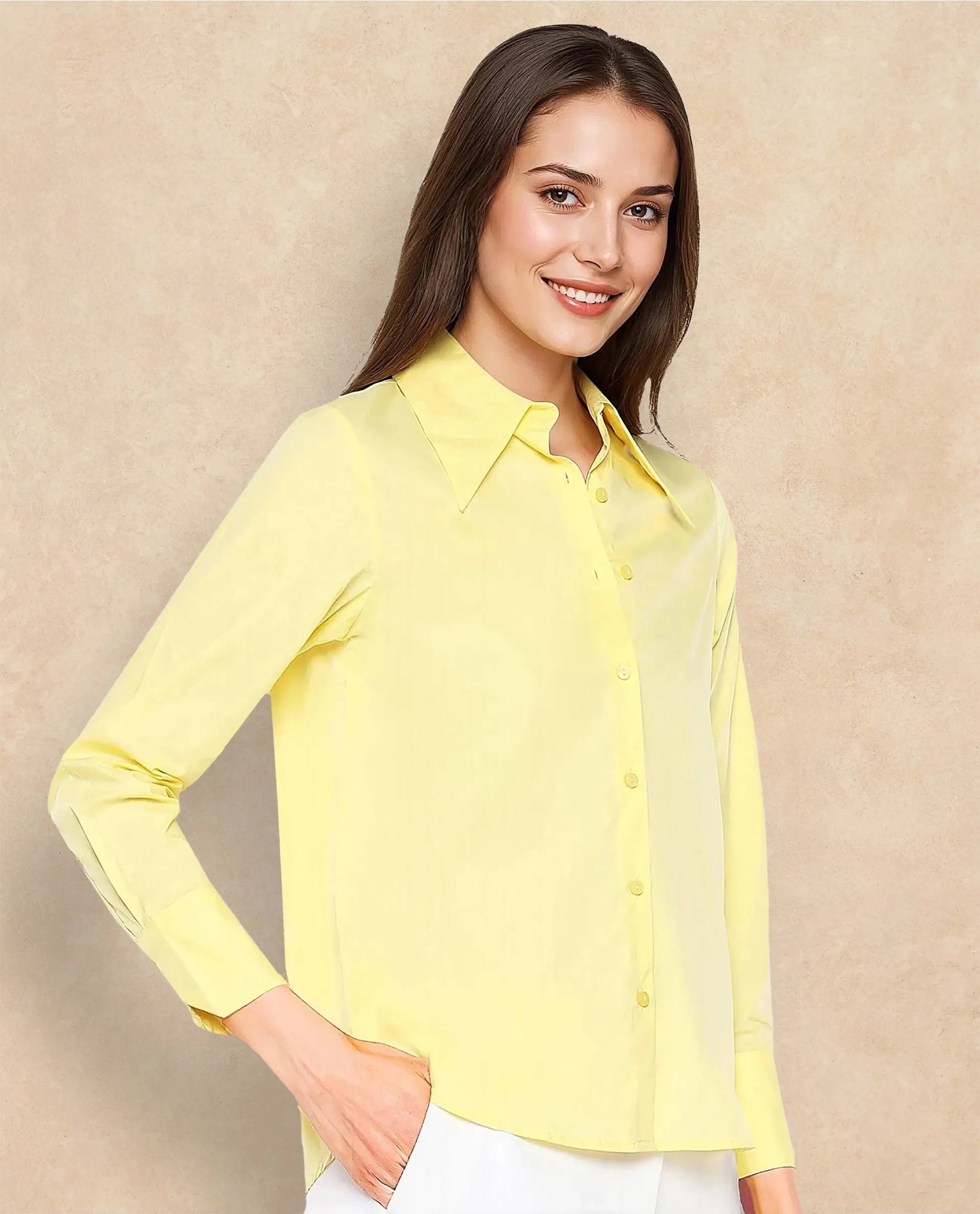 Rareism Women Nuda Yellow Poplin Fabric Full Sleeve Collared Neck Button Closure Plain Top