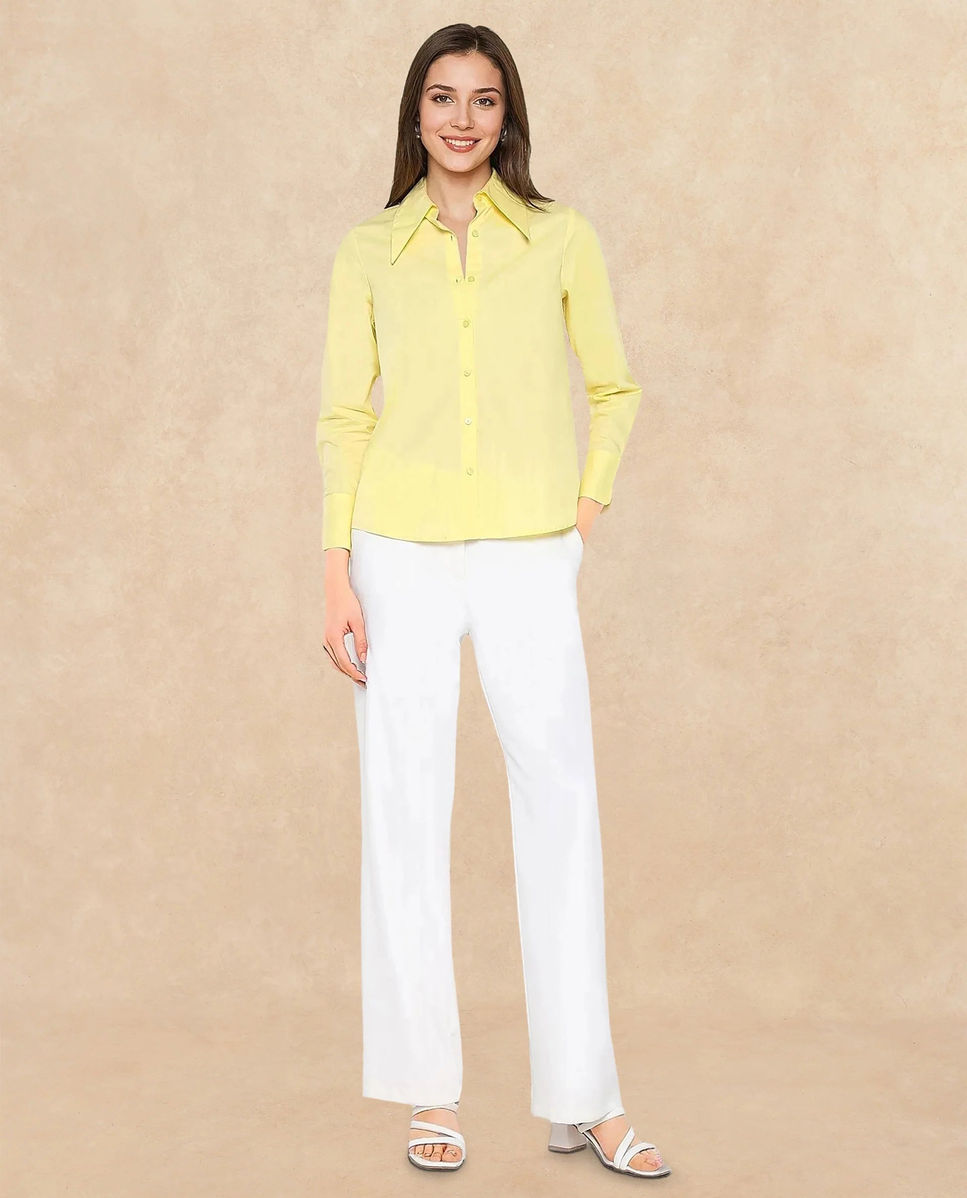 Rareism Women Nuda Yellow Poplin Fabric Full Sleeve Collared Neck Button Closure Plain Top