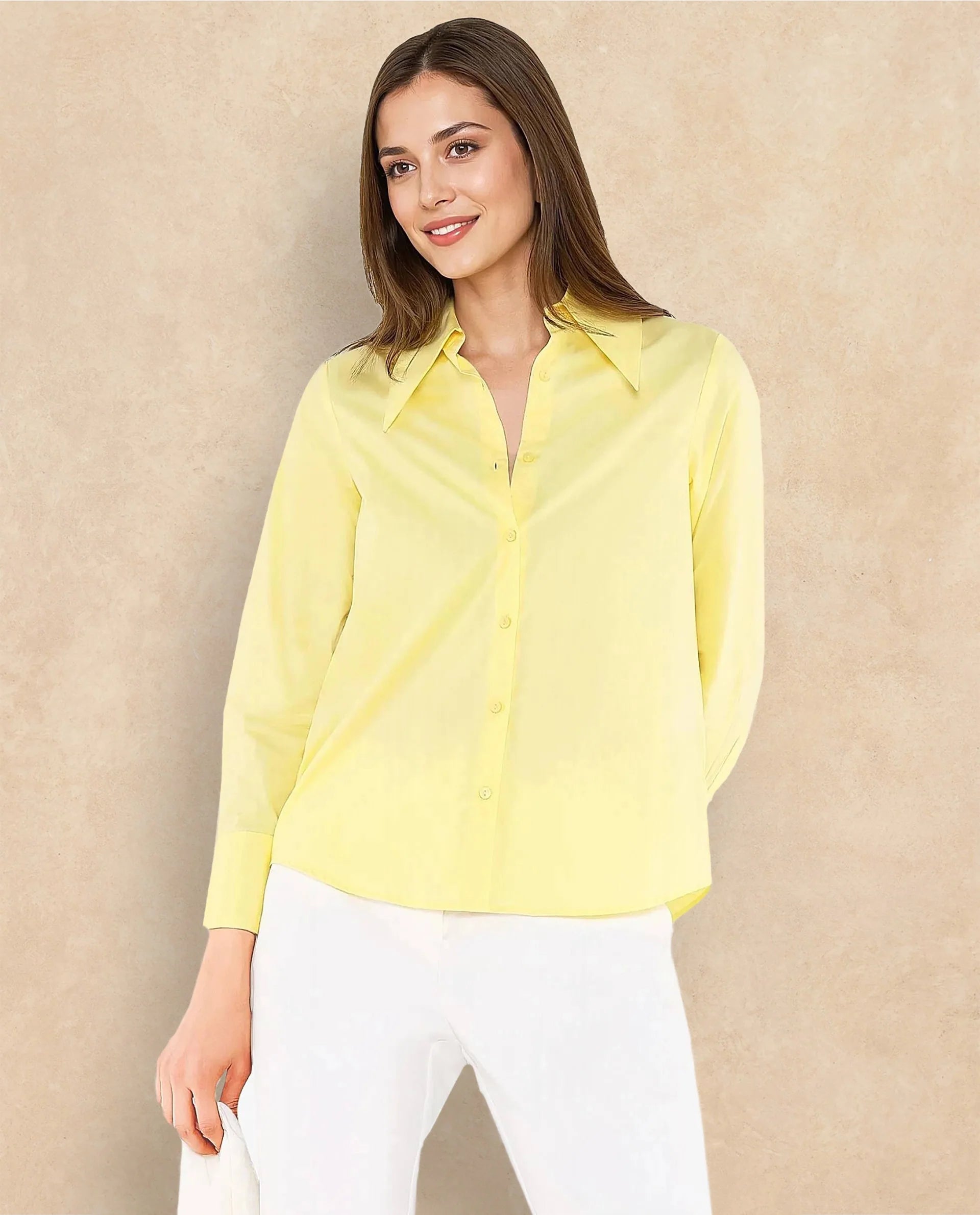 Rareism Women Nuda Yellow Poplin Fabric Full Sleeve Collared Neck Button Closure Plain Top