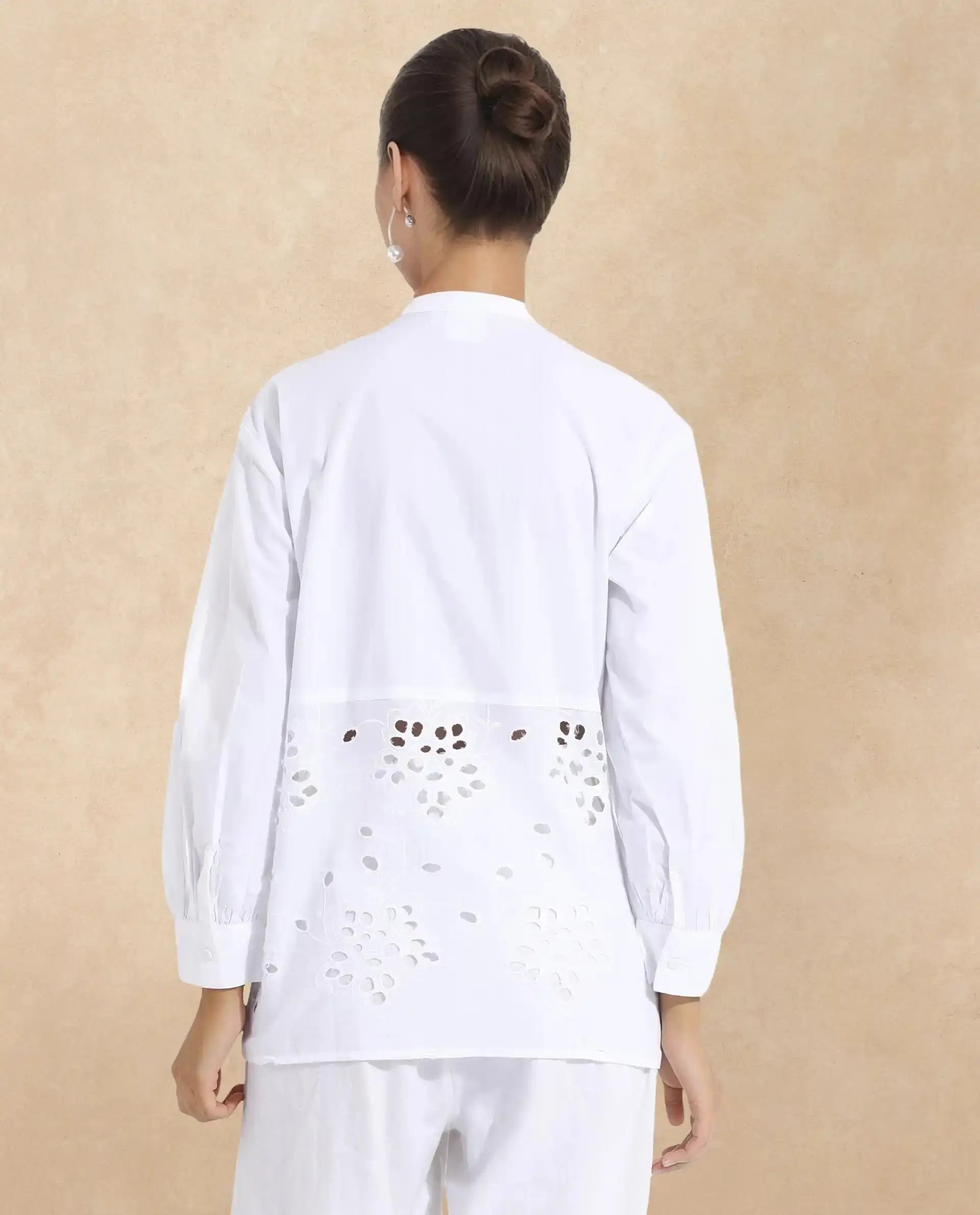 Rareism Women Oia White Cuffed Sleeve Mandarin Collar Button Closure Relaxed Fit Plain Top