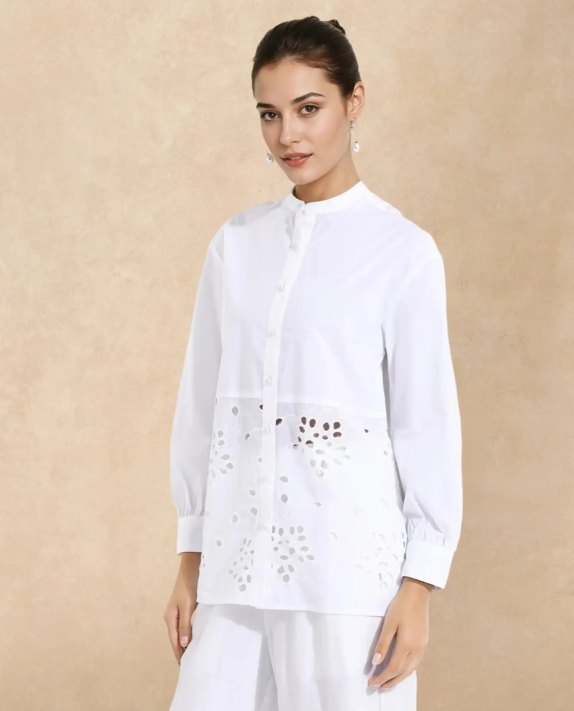 Rareism Women Oia White Cuffed Sleeve Mandarin Collar Button Closure Relaxed Fit Plain Top