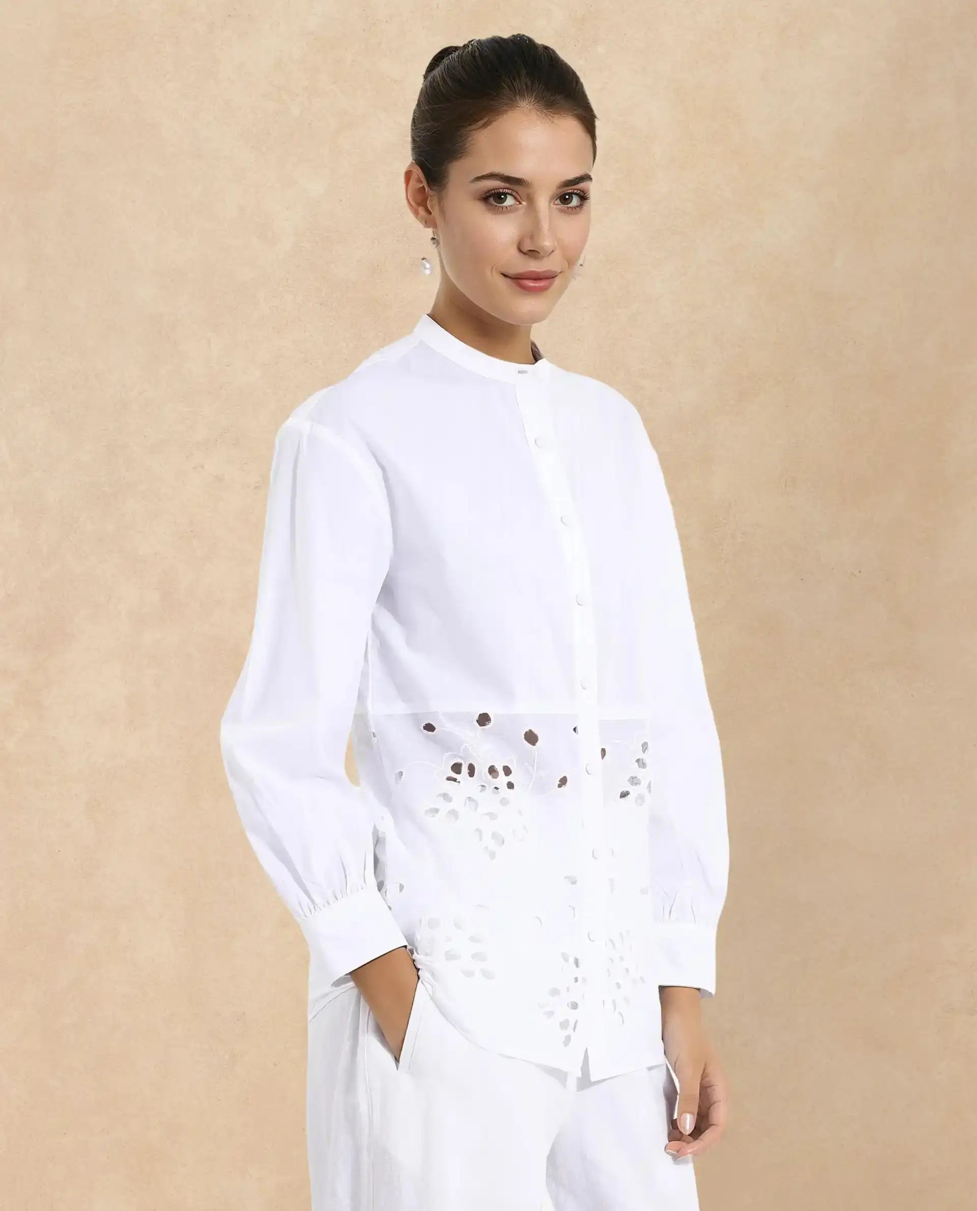 Rareism Women Oia White Cuffed Sleeve Mandarin Collar Button Closure Relaxed Fit Plain Top