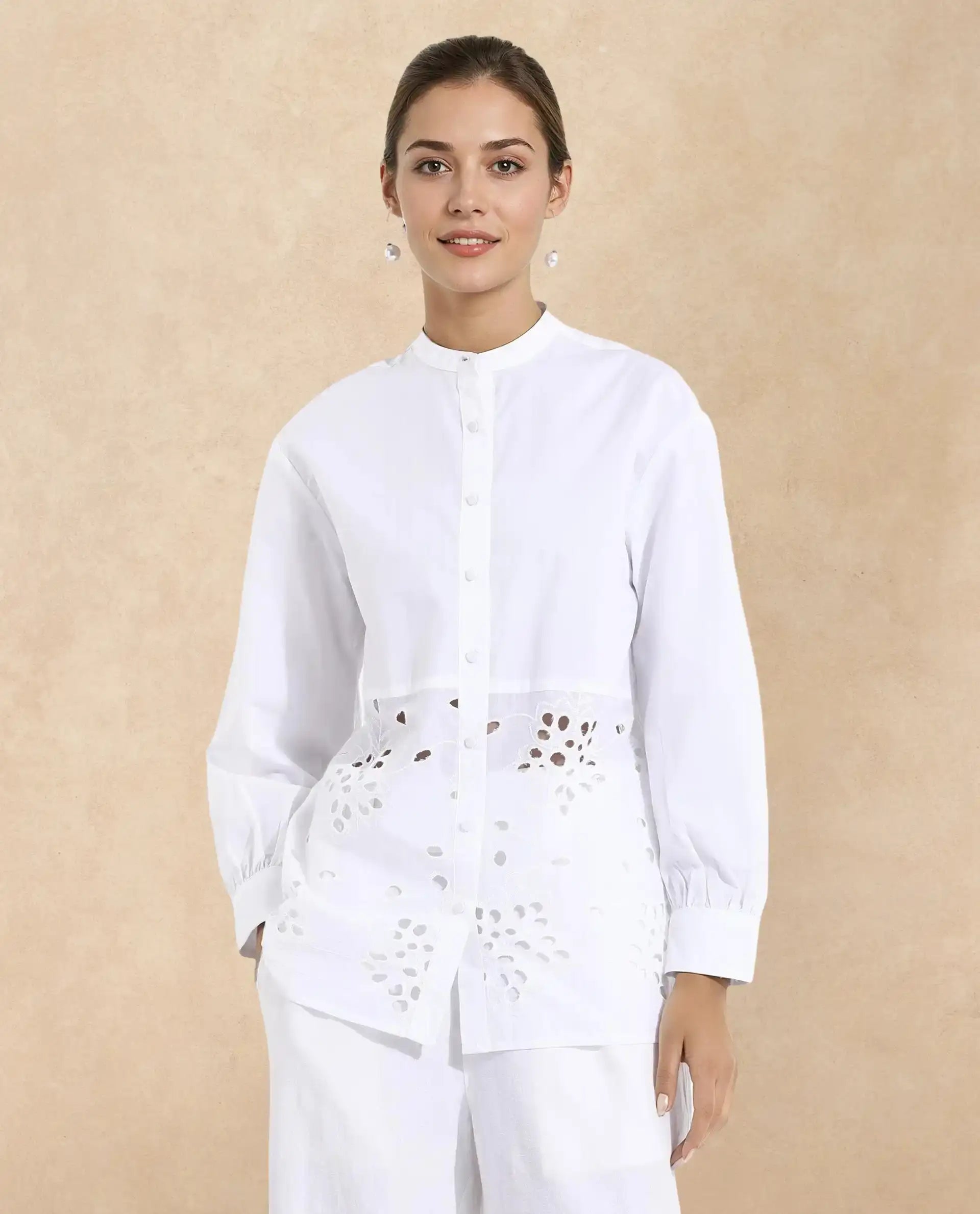 Rareism Women Oia White Cuffed Sleeve Mandarin Collar Button Closure Relaxed Fit Plain Top