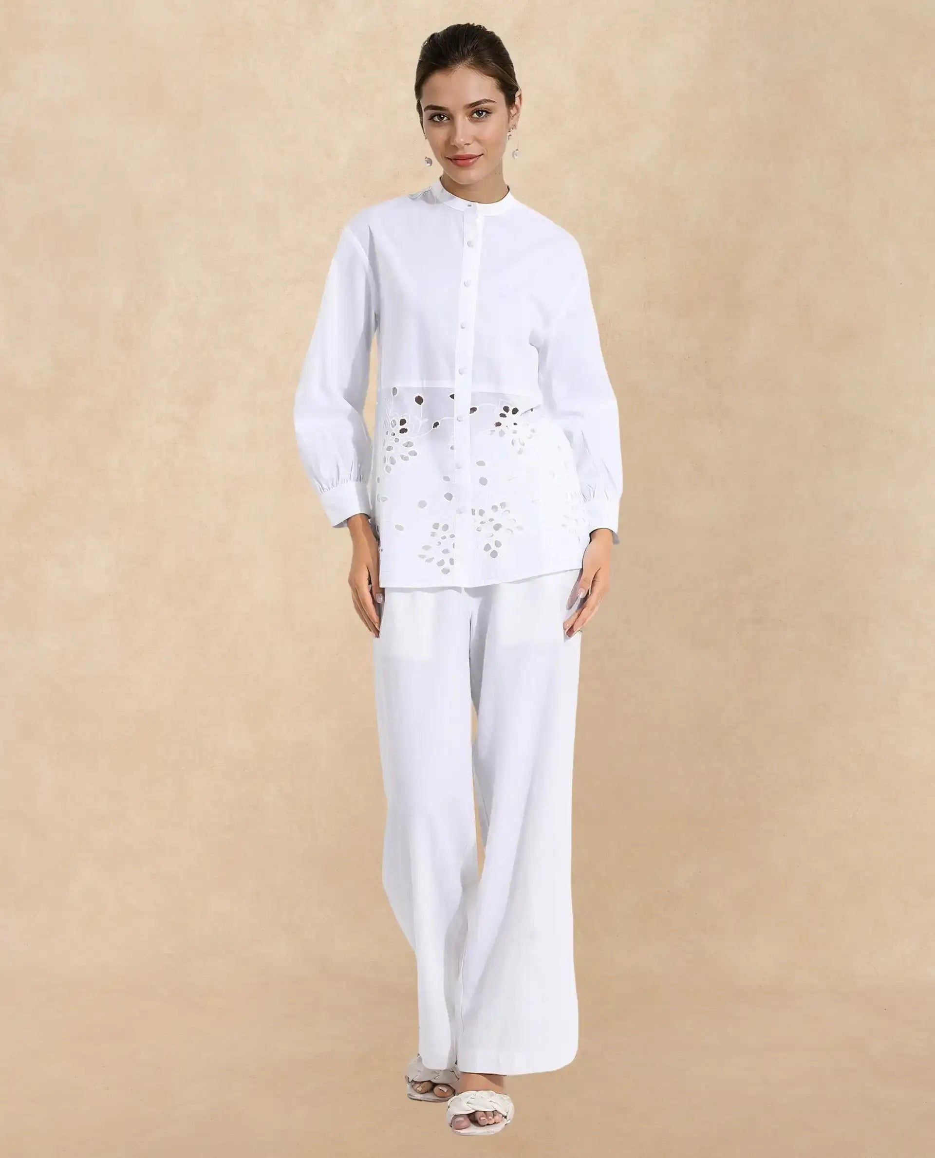 Rareism Women Oia White Cuffed Sleeve Mandarin Collar Button Closure Relaxed Fit Plain Top