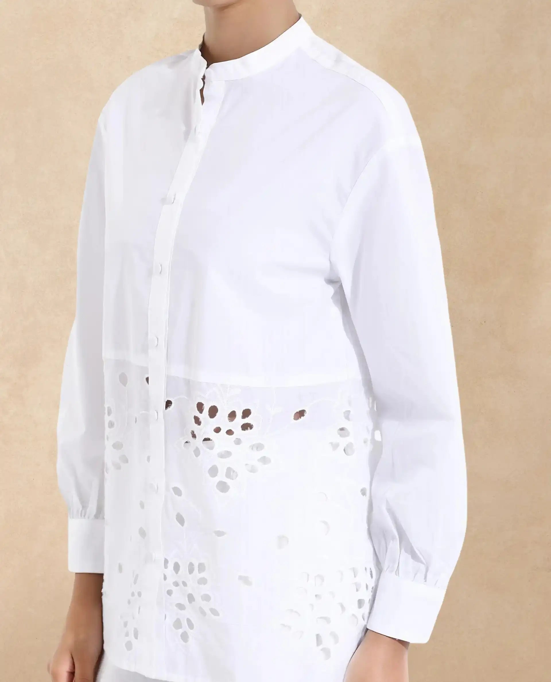 Rareism Women Oia White Cuffed Sleeve Mandarin Collar Button Closure Relaxed Fit Plain Top