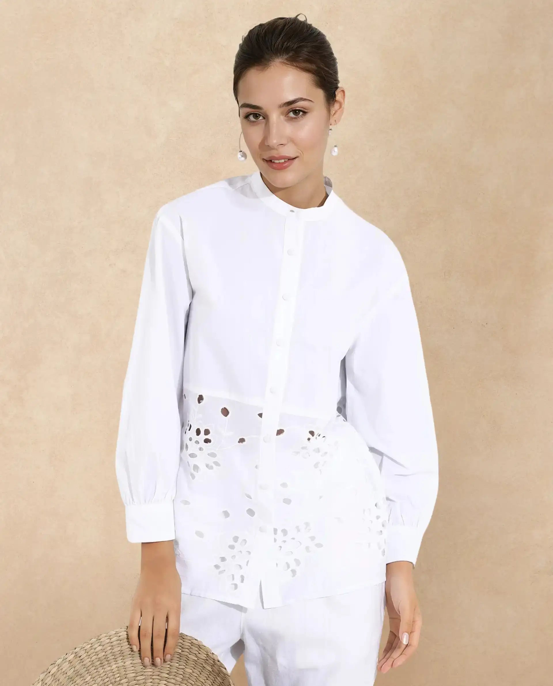 Rareism Women Oia White Cuffed Sleeve Mandarin Collar Button Closure Relaxed Fit Plain Top