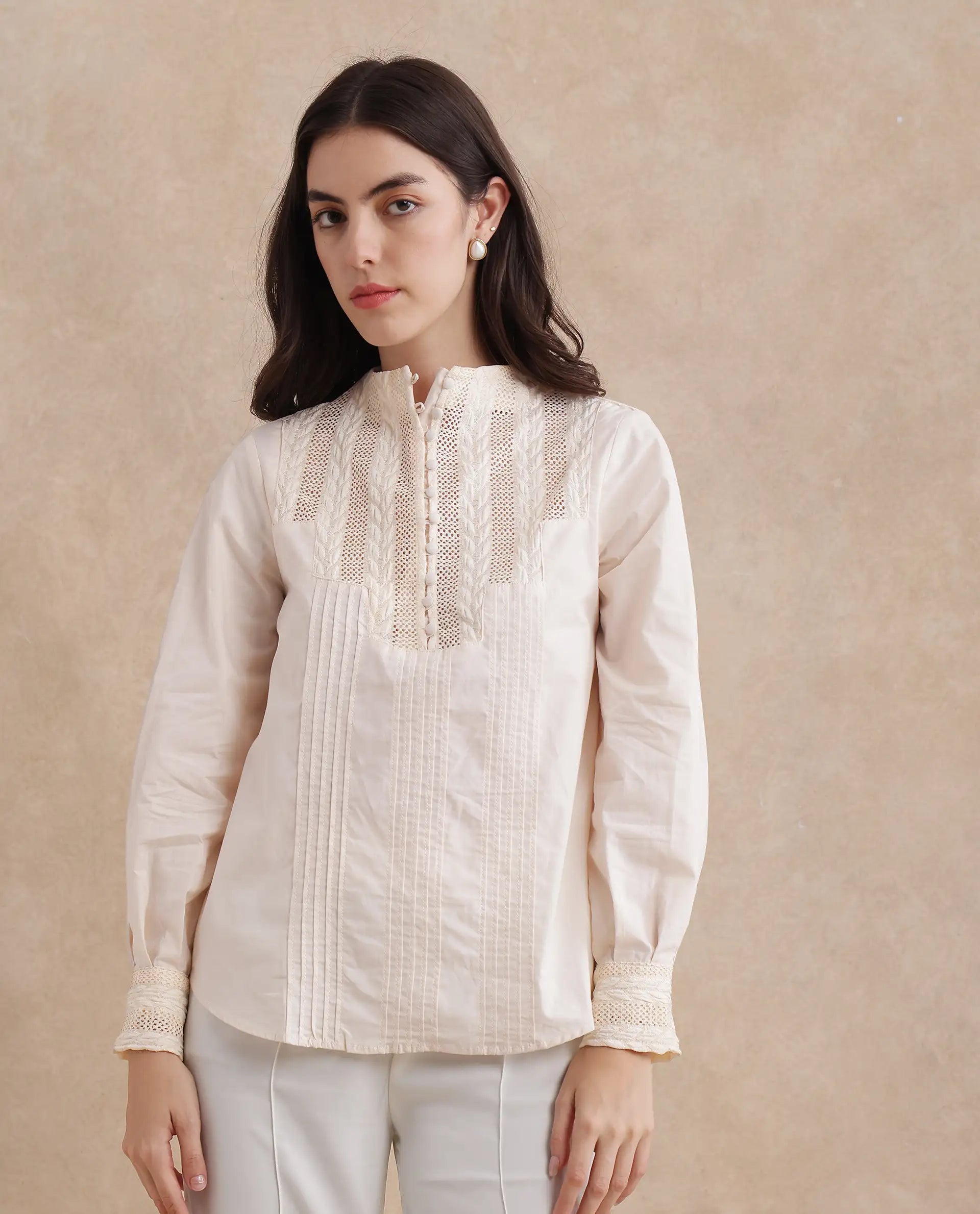 Rareism Women Olafi Beige Bishop Sleeve High Neck Button Closure Regular Fit Plain Top