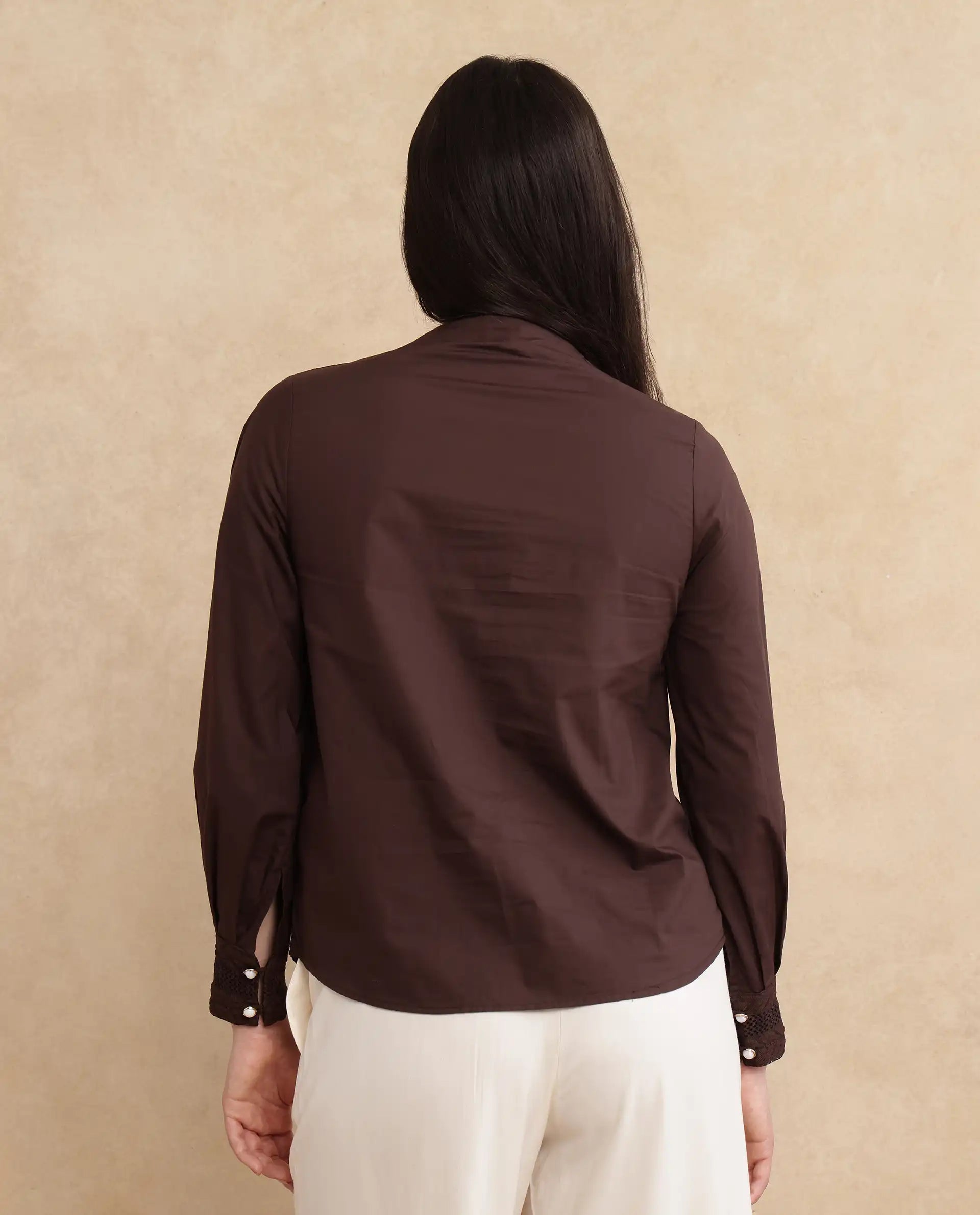 Rareism Women Olafi Brown Bishop Sleeve High Neck Button Closure Regular Fit Plain Top