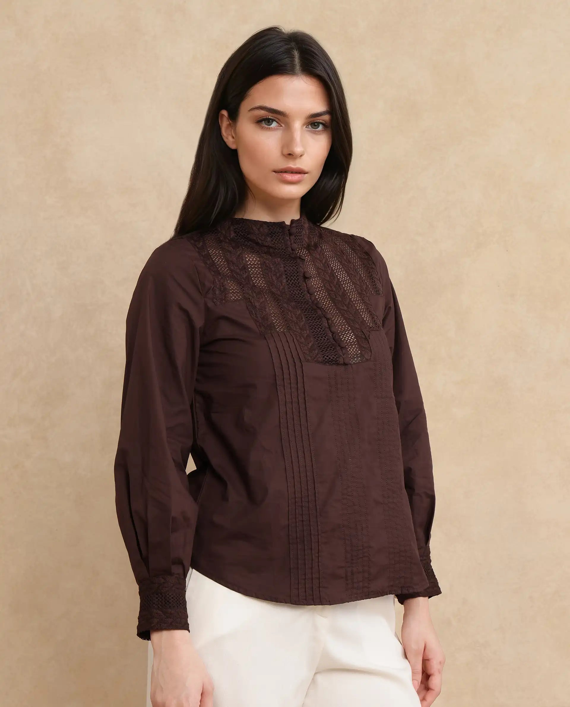 Rareism Women Olafi Brown Bishop Sleeve High Neck Button Closure Regular Fit Plain Top
