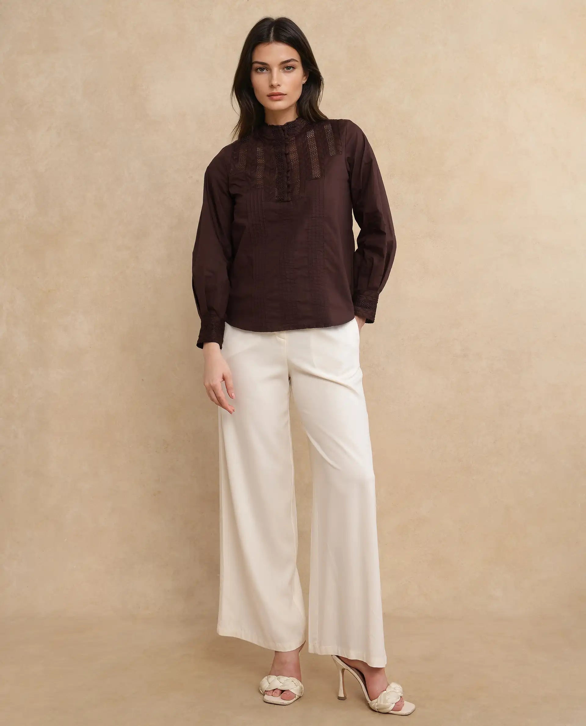 Rareism Women Olafi Brown Bishop Sleeve High Neck Button Closure Regular Fit Plain Top