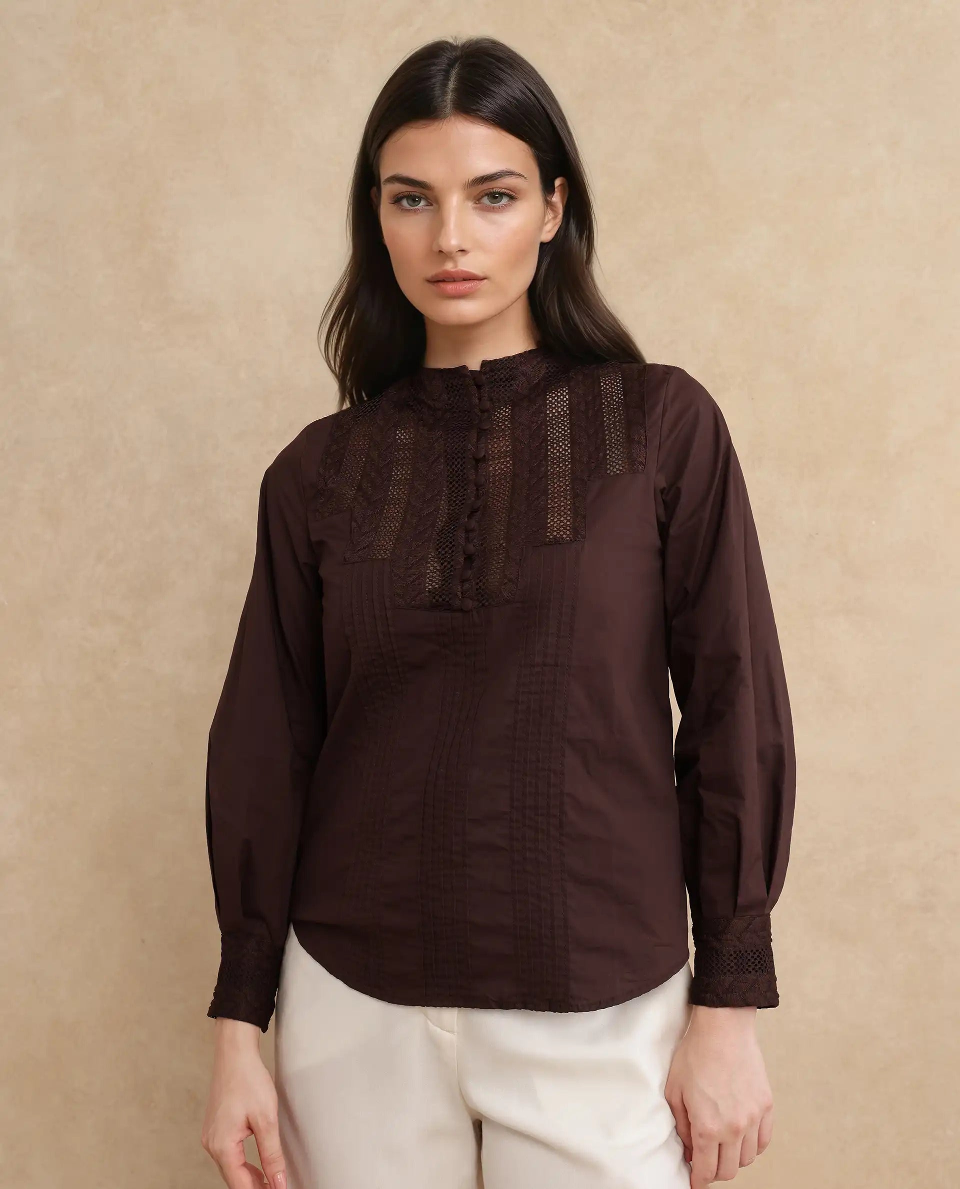 Rareism Women Olafi Brown Bishop Sleeve High Neck Button Closure Regular Fit Plain Top
