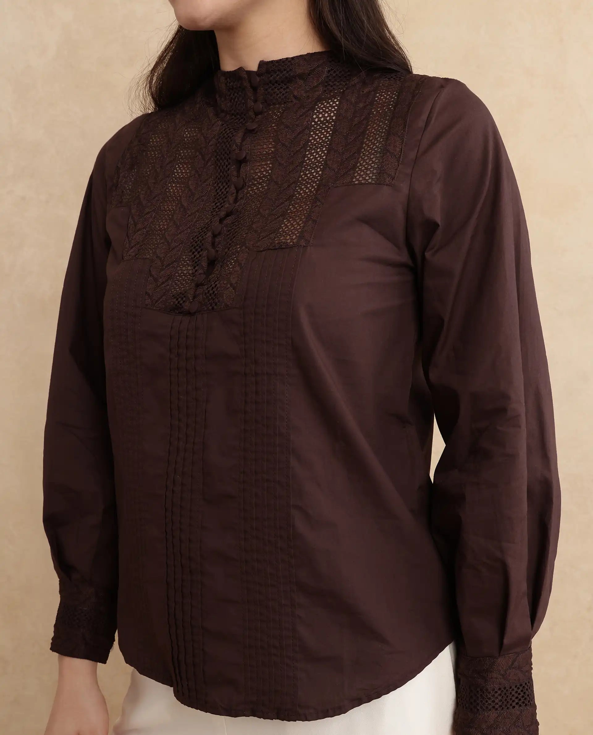 Rareism Women Olafi Brown Bishop Sleeve High Neck Button Closure Regular Fit Plain Top