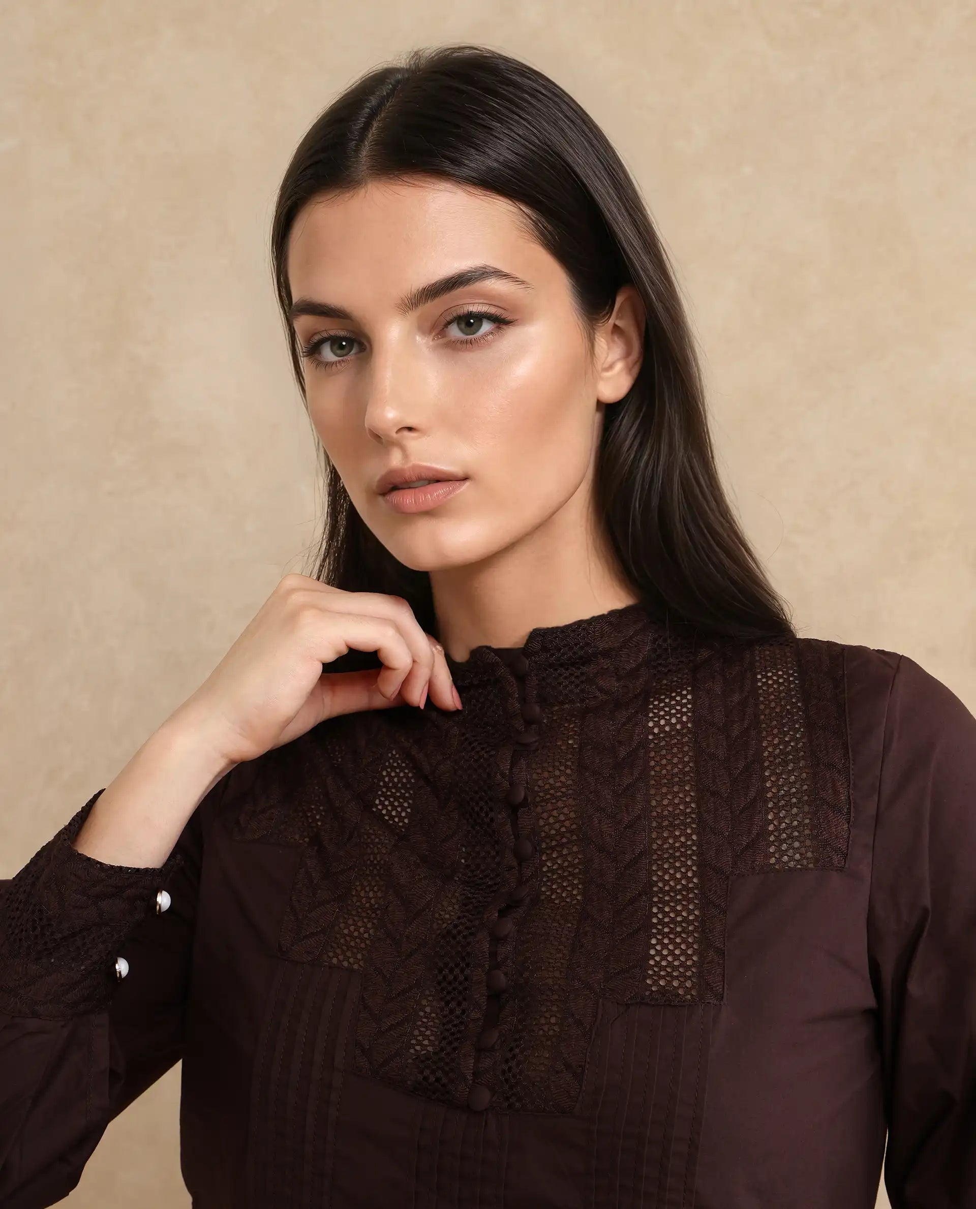 Rareism Women Olafi Brown Bishop Sleeve High Neck Button Closure Regular Fit Plain Top