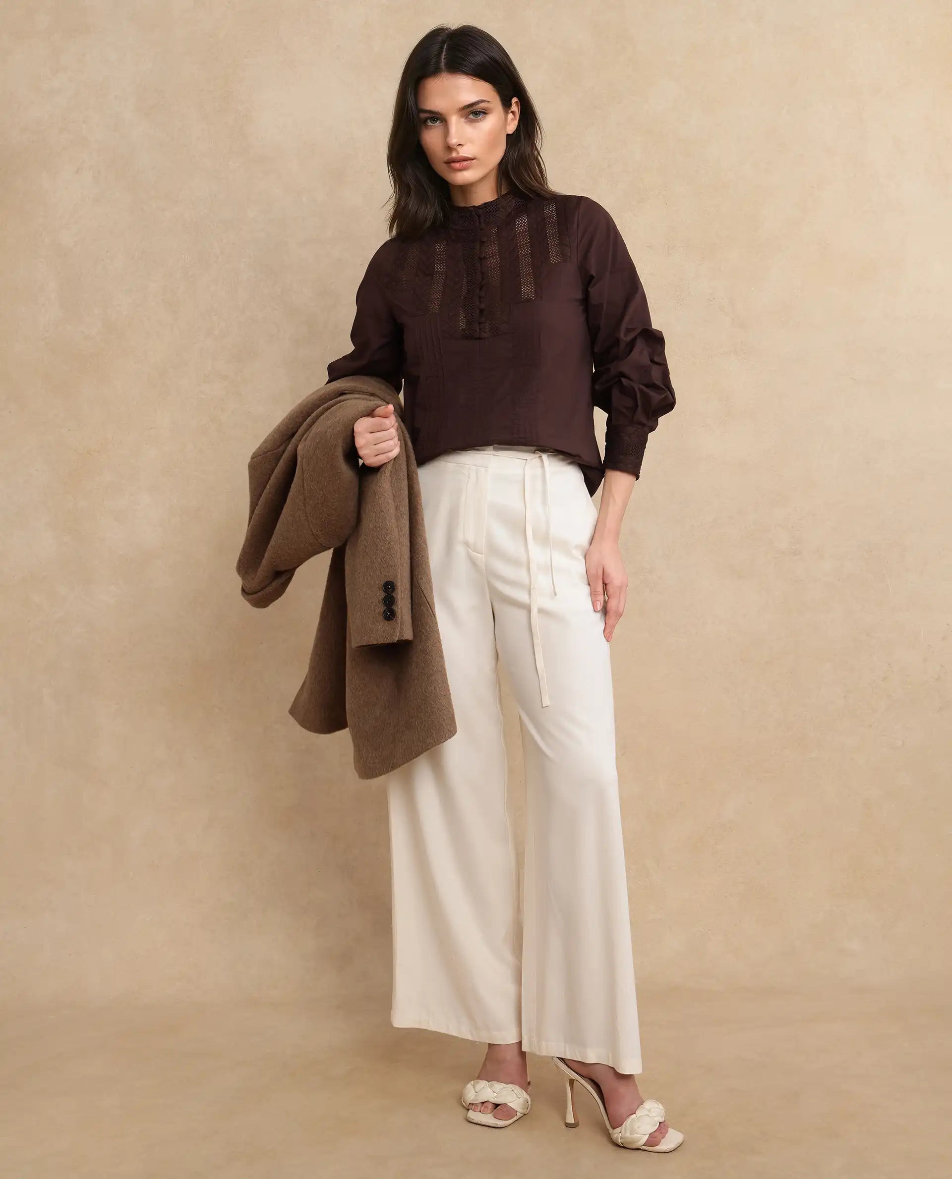 Rareism Women Olafi Brown Bishop Sleeve High Neck Button Closure Regular Fit Plain Top