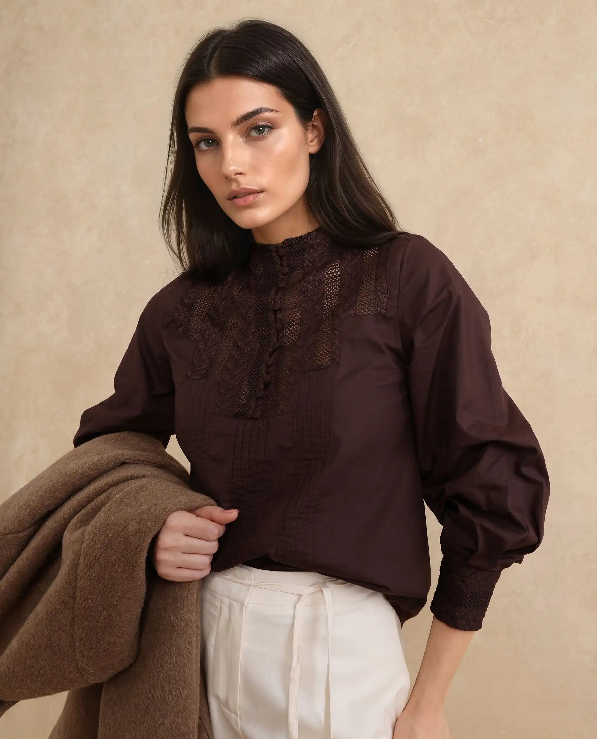 Rareism Women Olafi Brown Bishop Sleeve High Neck Button Closure Regular Fit Plain Top