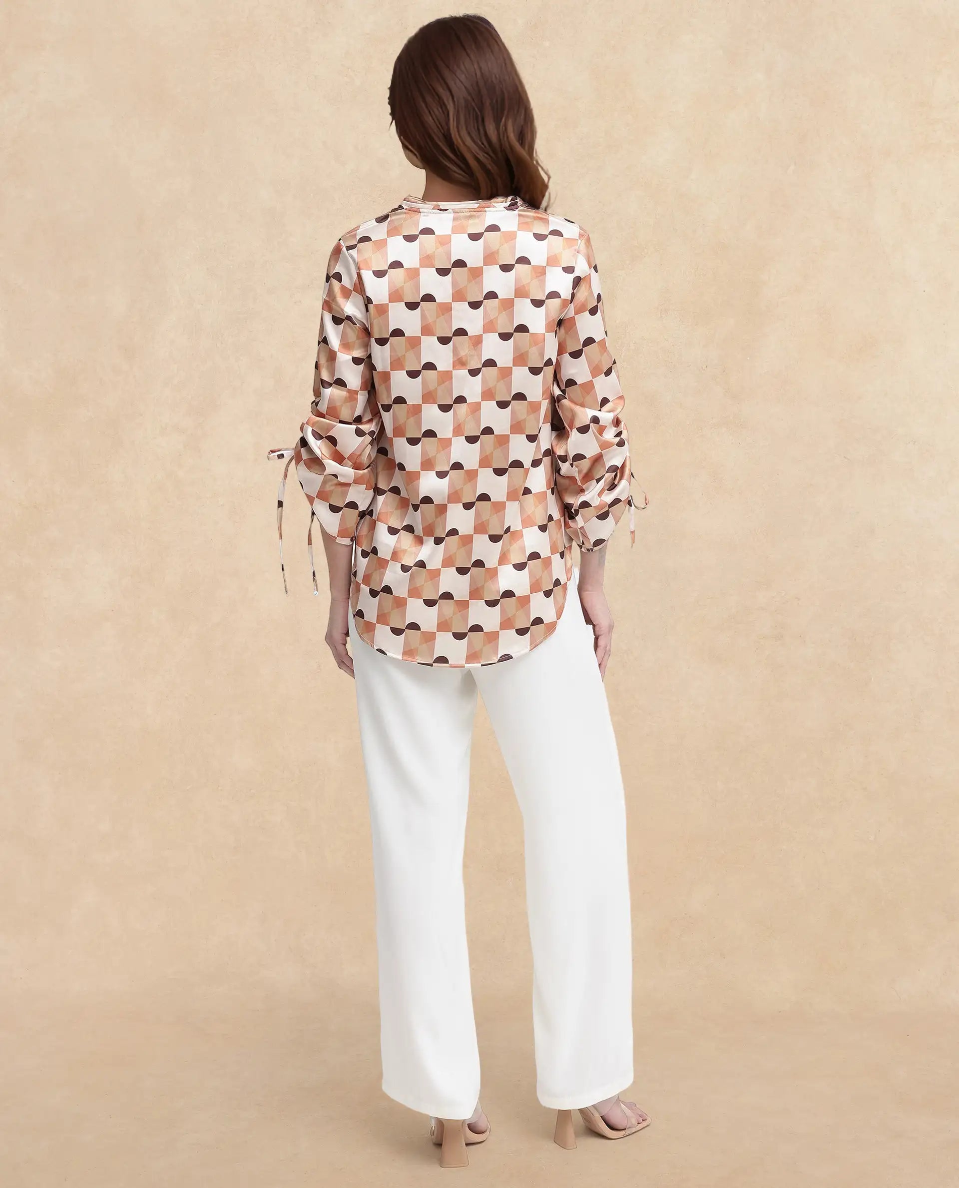 Rareism Women Olbia Light Multi Gathered Sleeve V-Neck Geometric Print Top