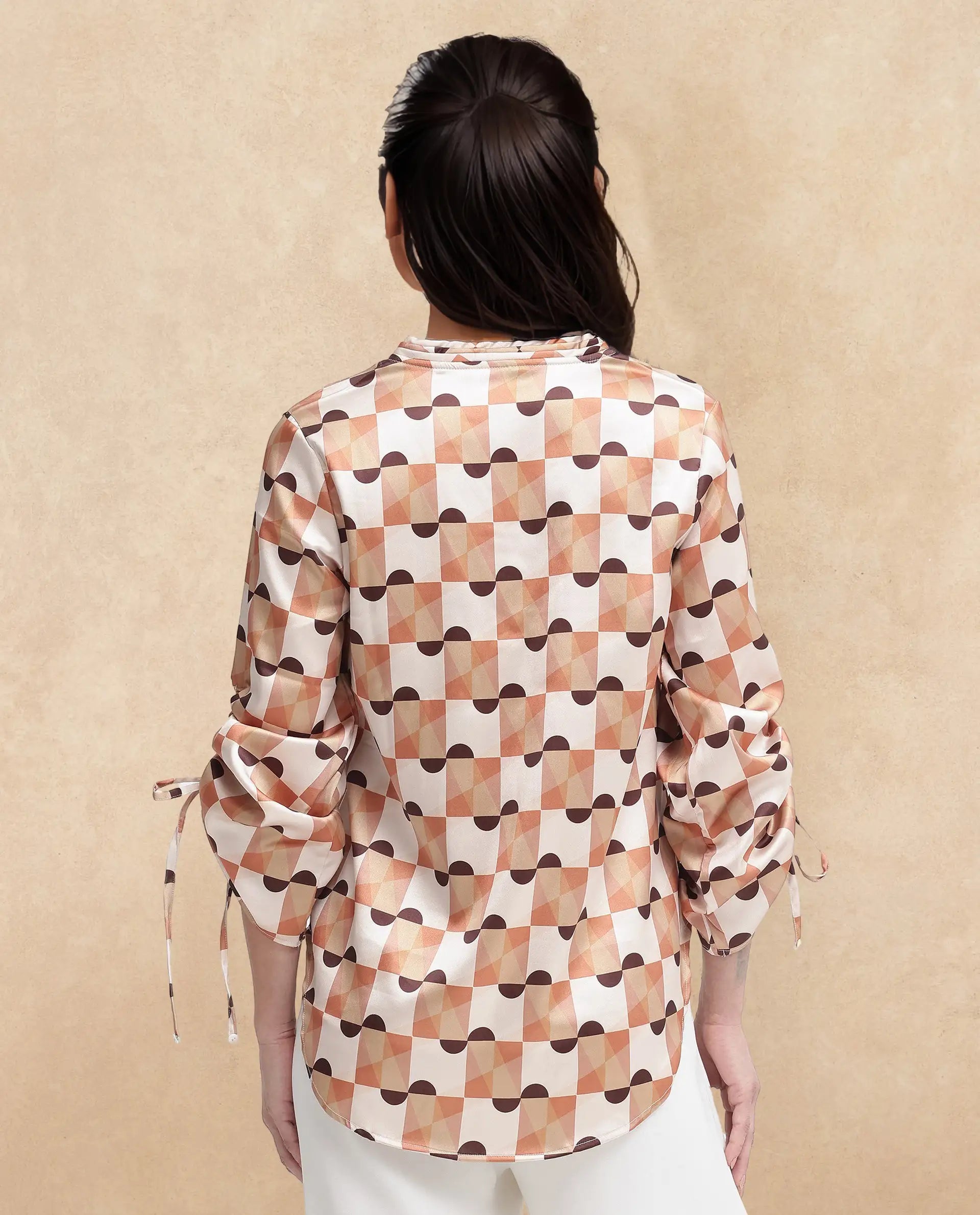 Rareism Women Olbia Light Multi Gathered Sleeve V-Neck Geometric Print Top