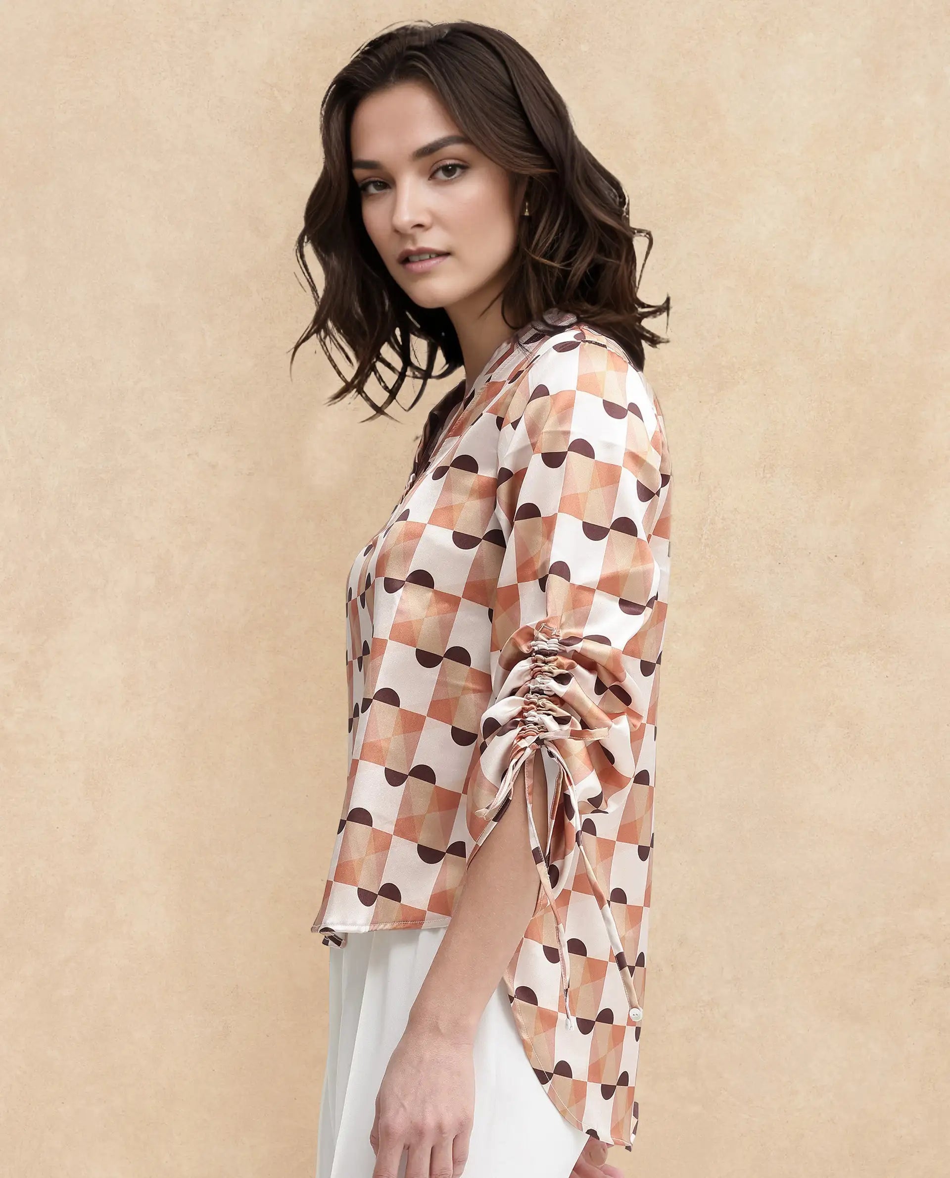 Rareism Women Olbia Light Multi Gathered Sleeve V-Neck Geometric Print Top