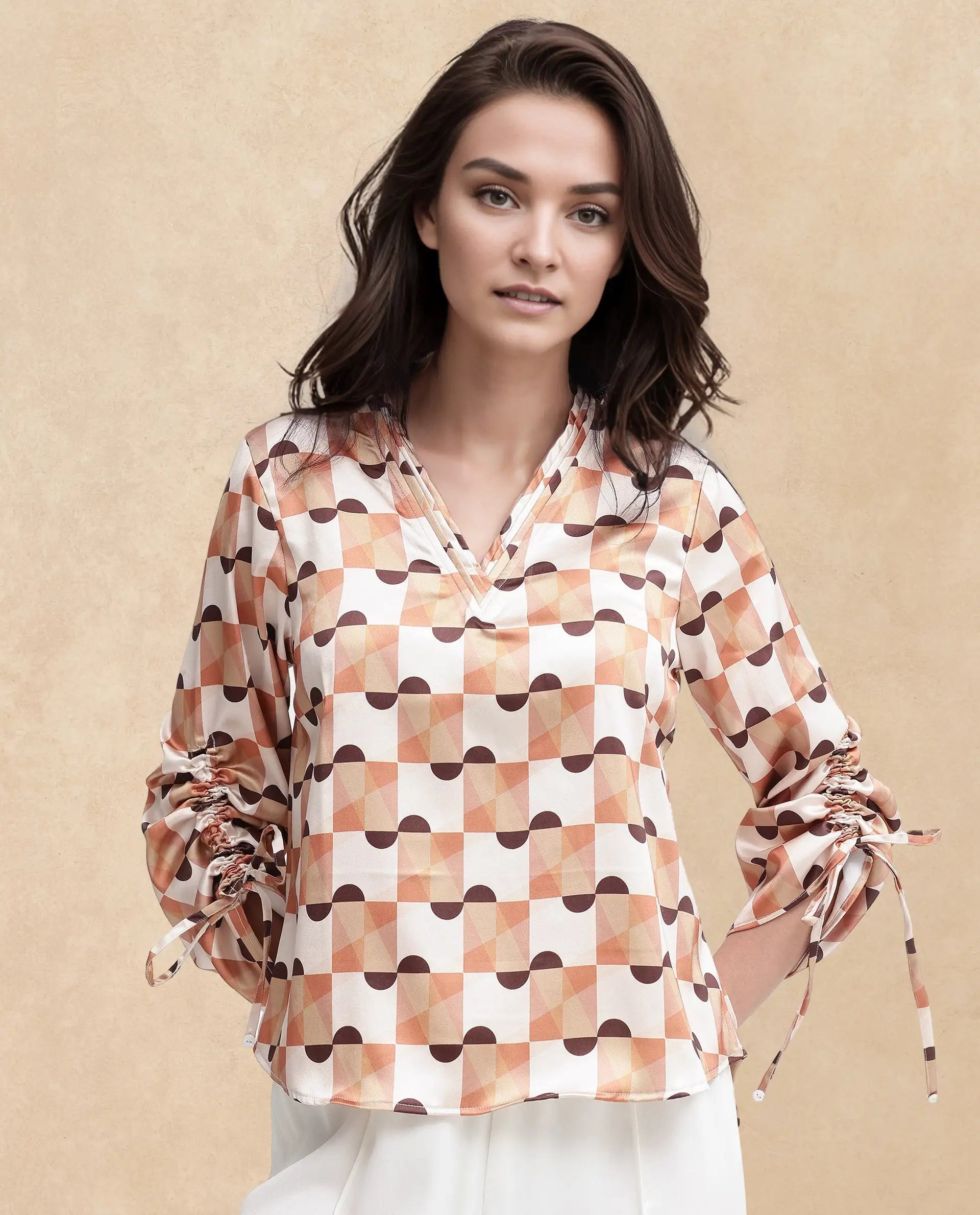 Rareism Women Olbia Light Multi Gathered Sleeve V-Neck Geometric Print Top