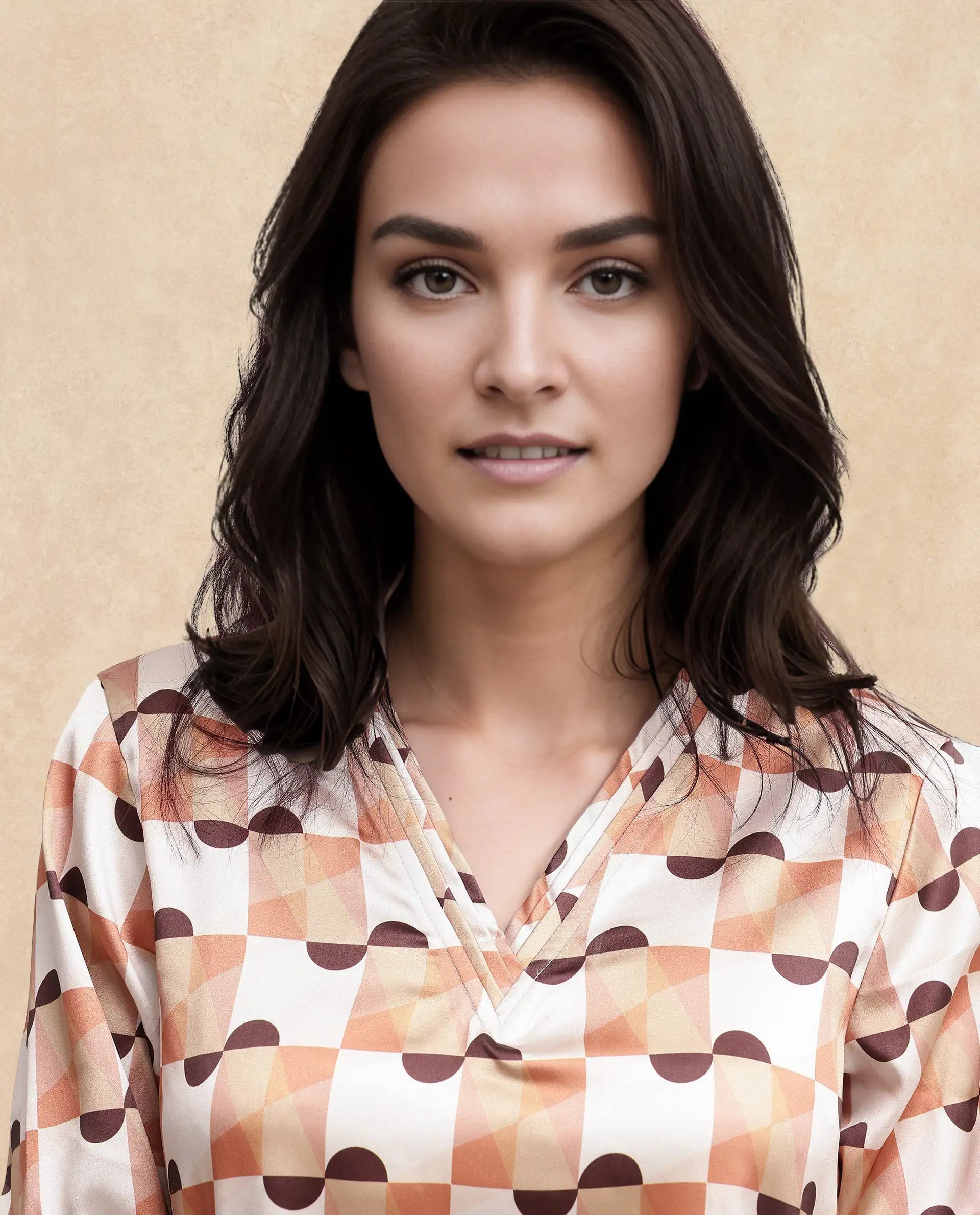 Rareism Women Olbia Light Multi Gathered Sleeve V-Neck Geometric Print Top