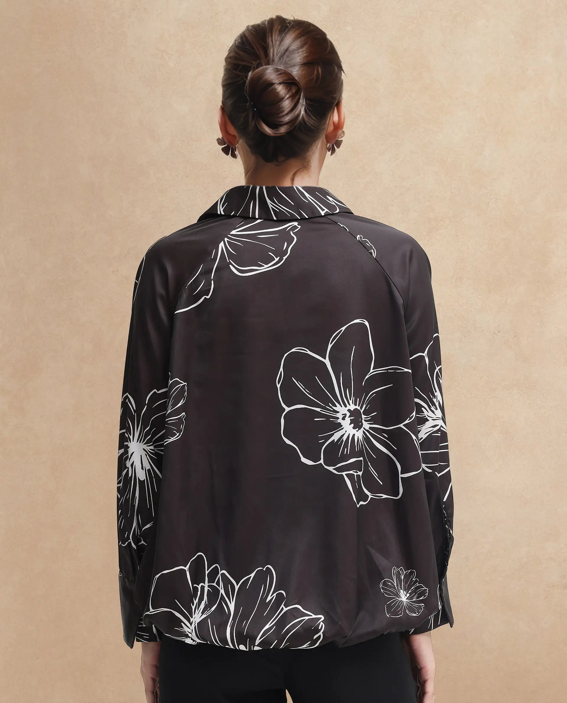 Rareism Women Olin Dark Brown Raglan Sleeves Collared Neck Floral Print Top