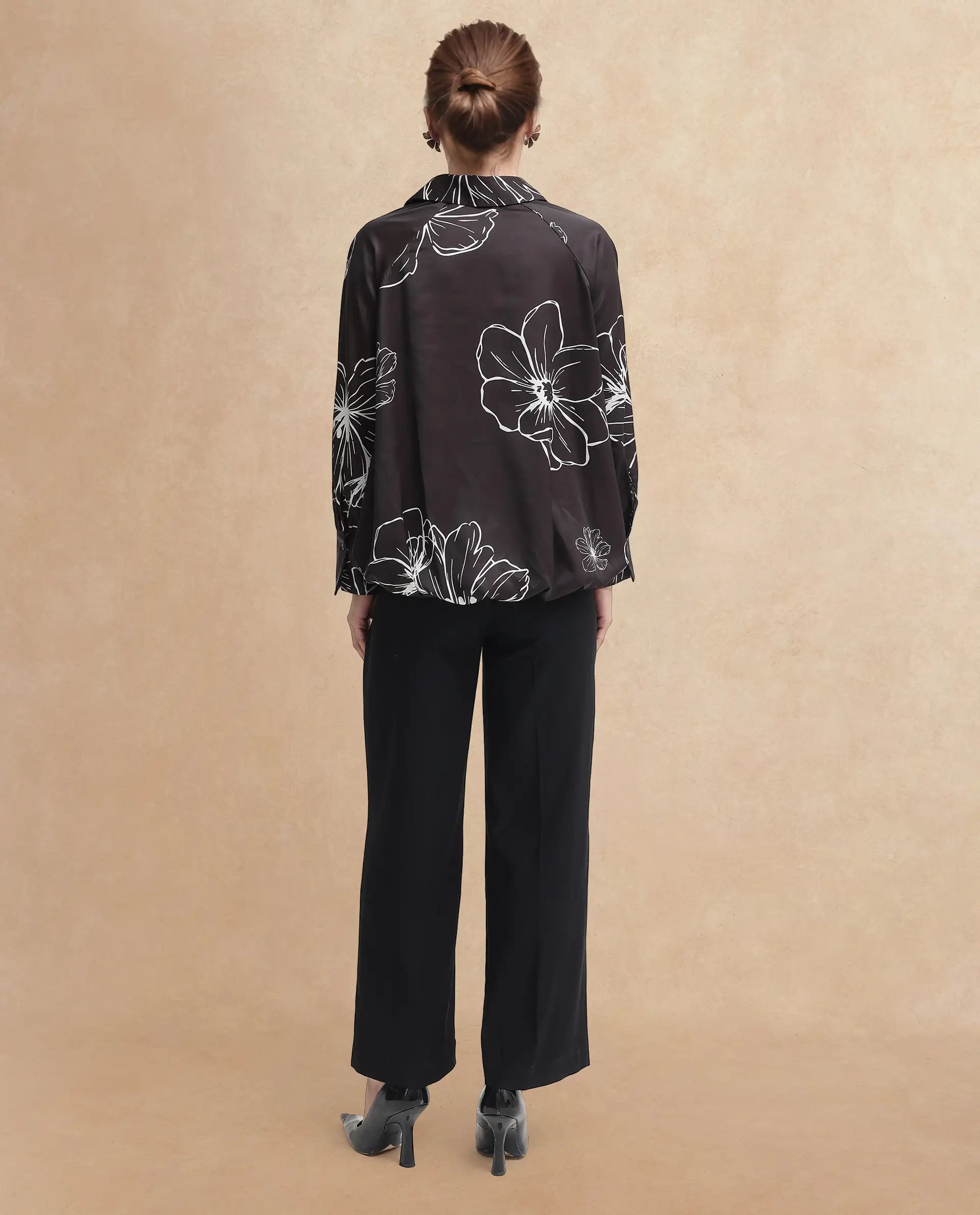 Rareism Women Olin Dark Brown Raglan Sleeves Collared Neck Floral Print Top