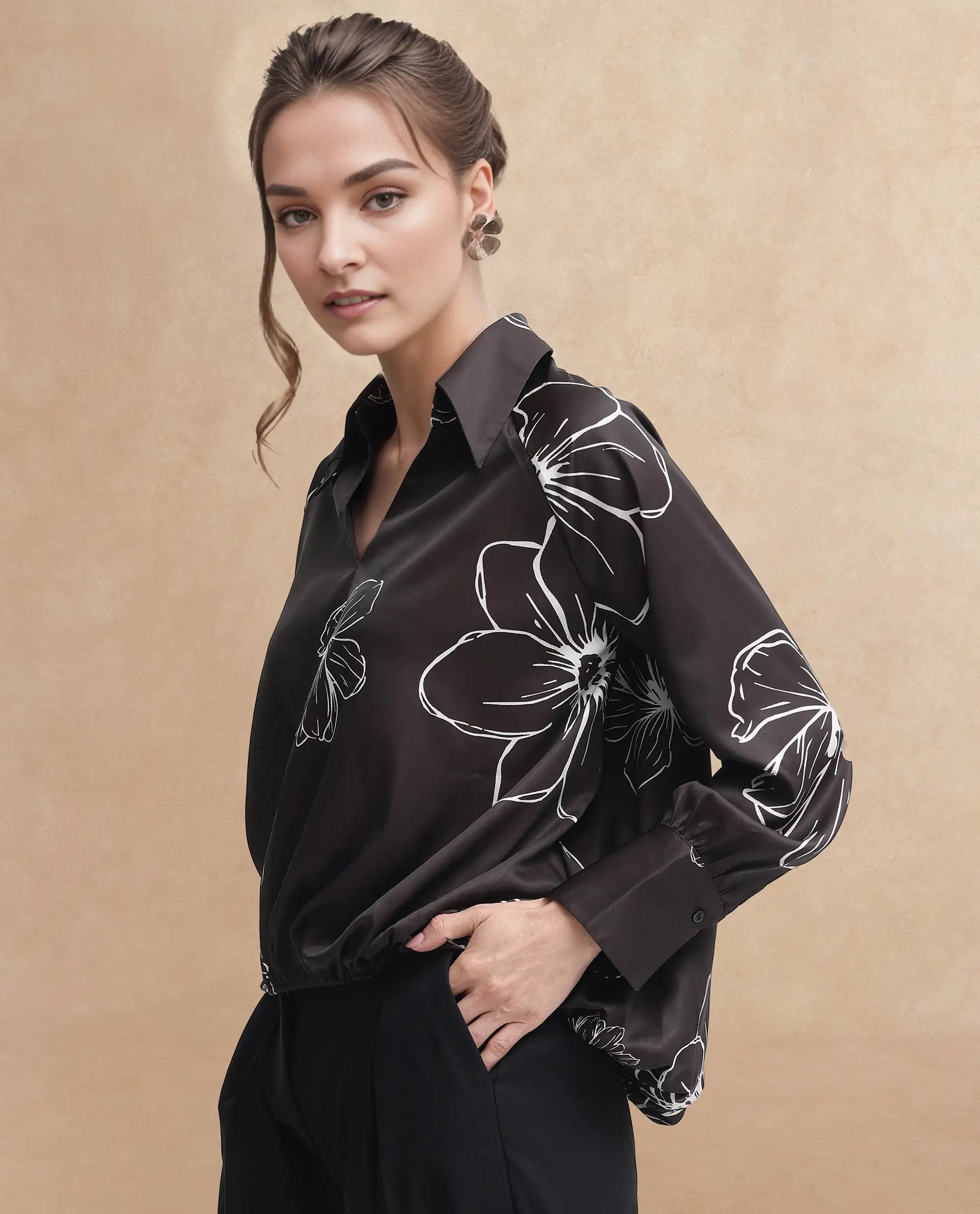 Rareism Women Olin Dark Brown Raglan Sleeves Collared Neck Floral Print Top