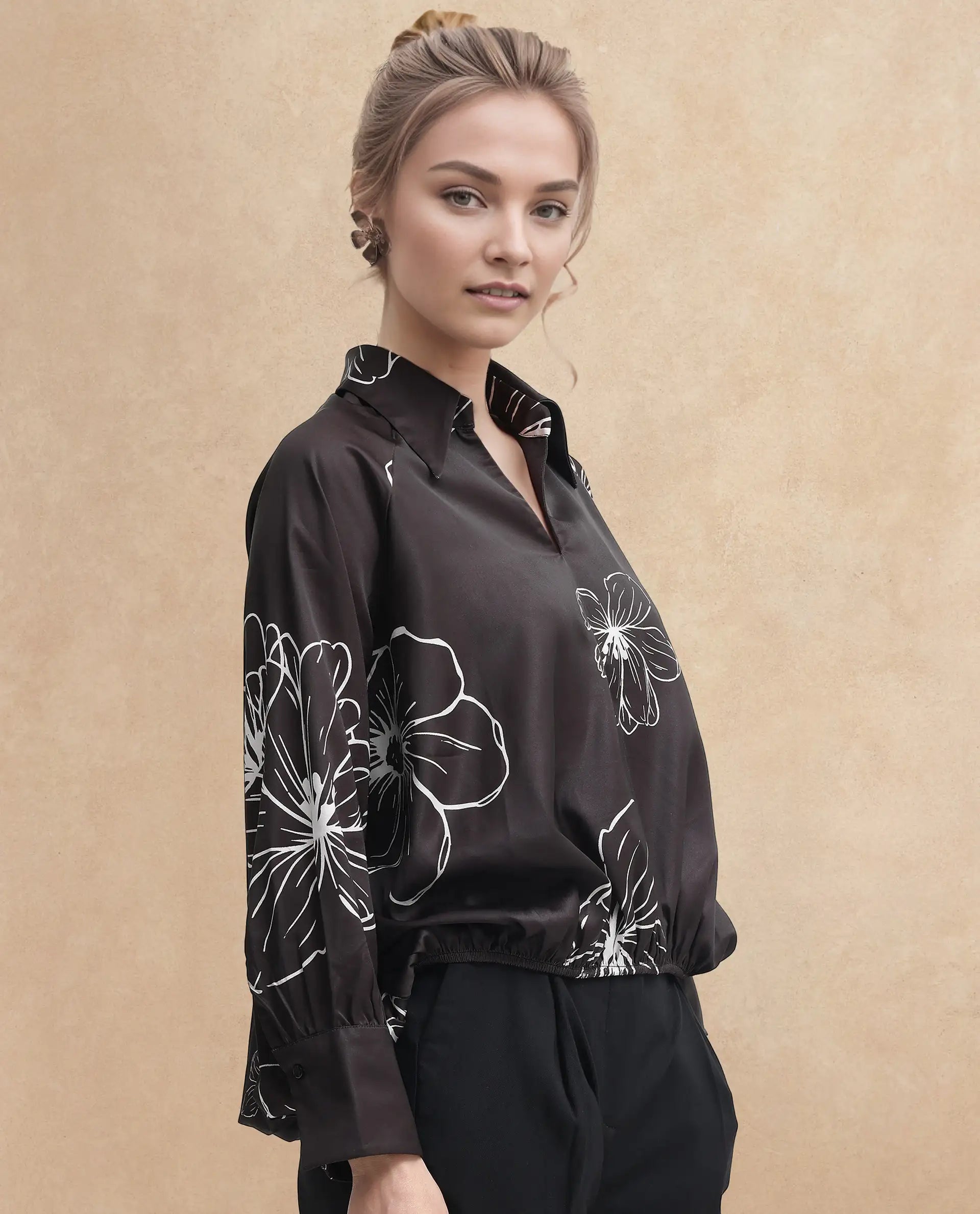 Rareism Women Olin Dark Brown Raglan Sleeves Collared Neck Floral Print Top