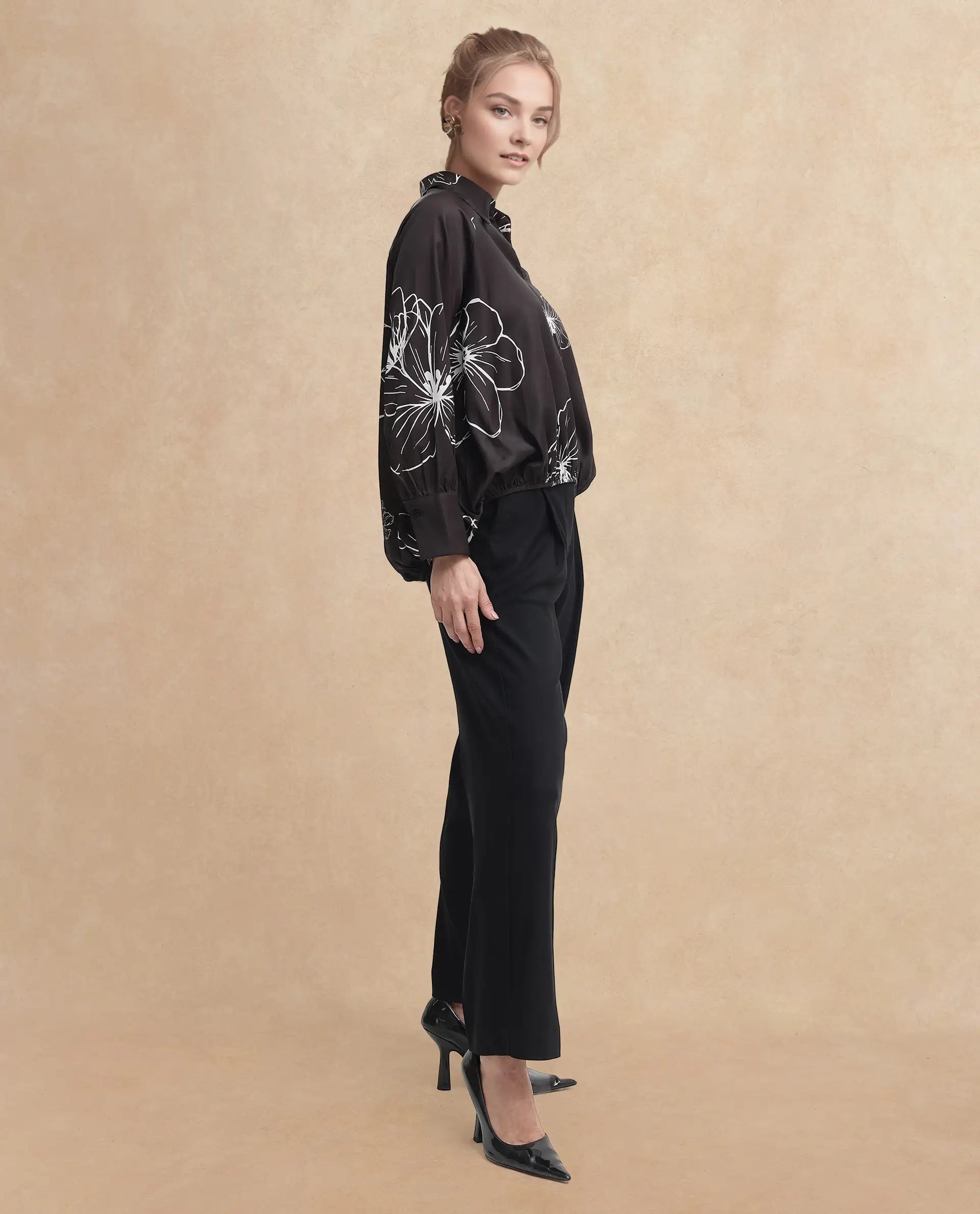 Rareism Women Olin Dark Brown Raglan Sleeves Collared Neck Floral Print Top