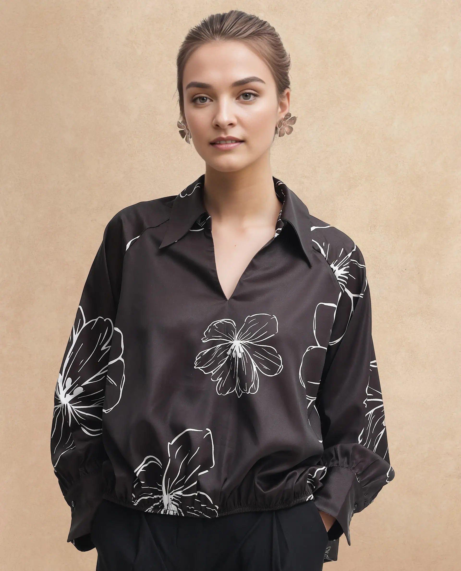 Rareism Women Olin Dark Brown Raglan Sleeves Collared Neck Floral Print Top