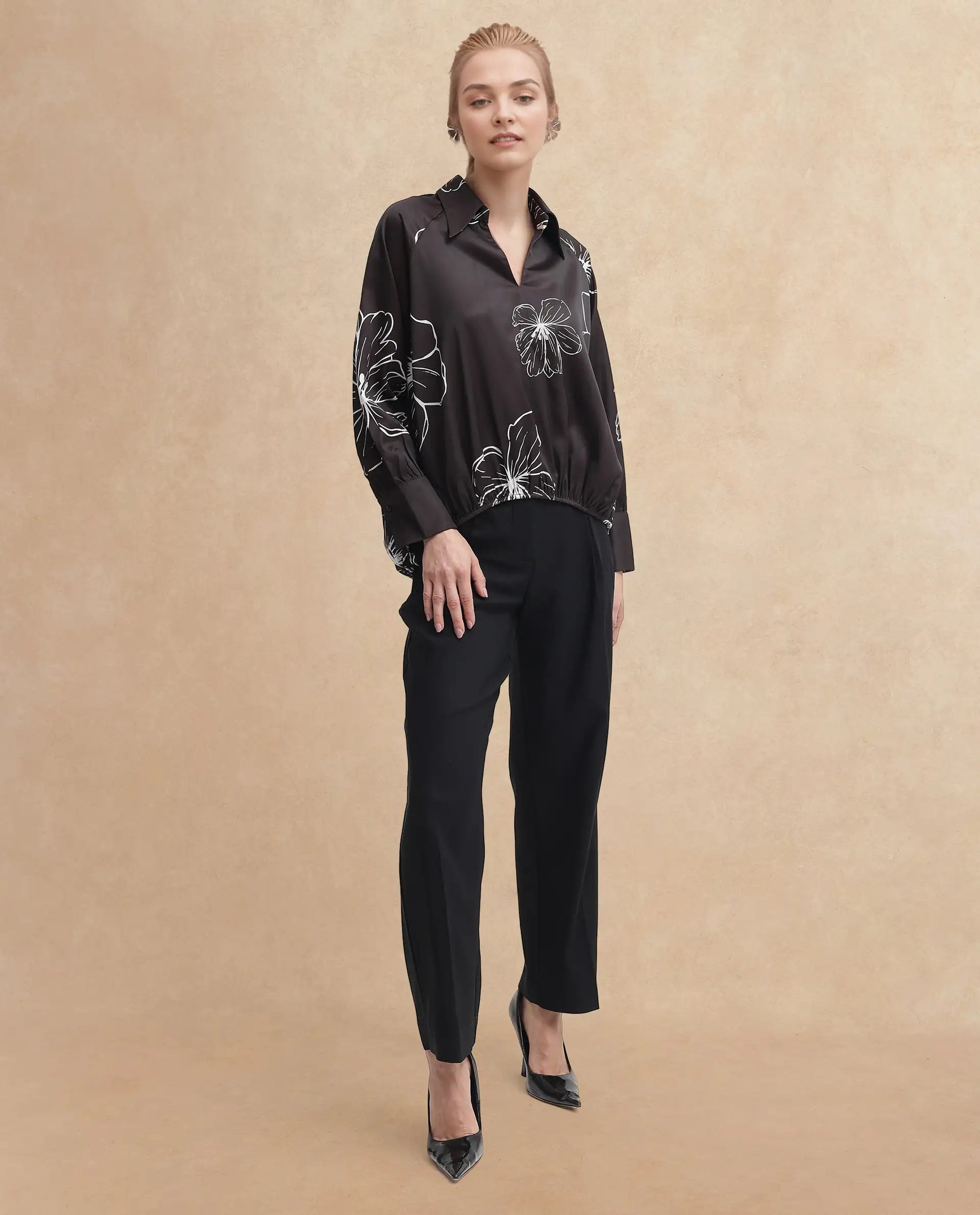 Rareism Women Olin Dark Brown Raglan Sleeves Collared Neck Floral Print Top