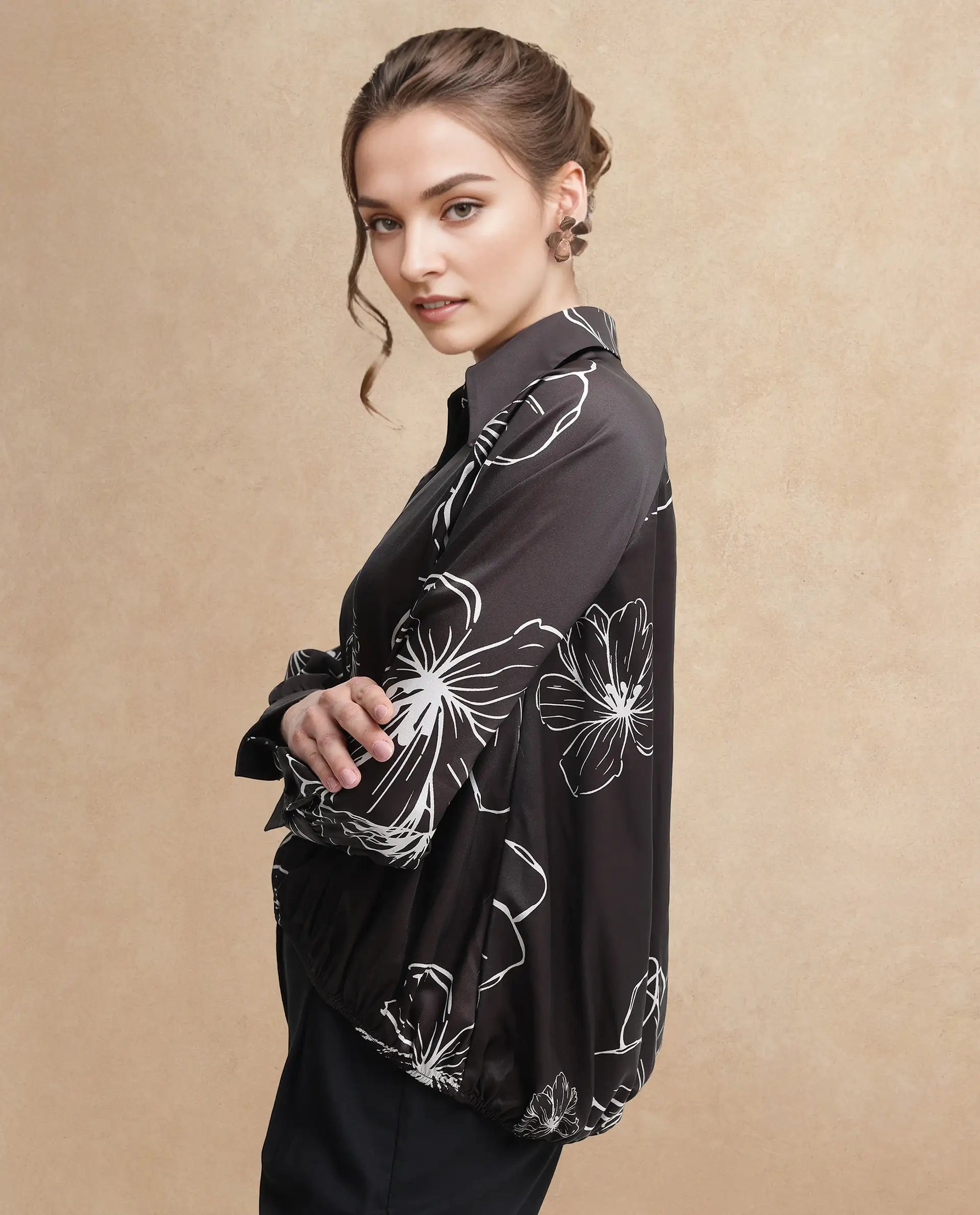 Rareism Women Olin Dark Brown Raglan Sleeves Collared Neck Floral Print Top