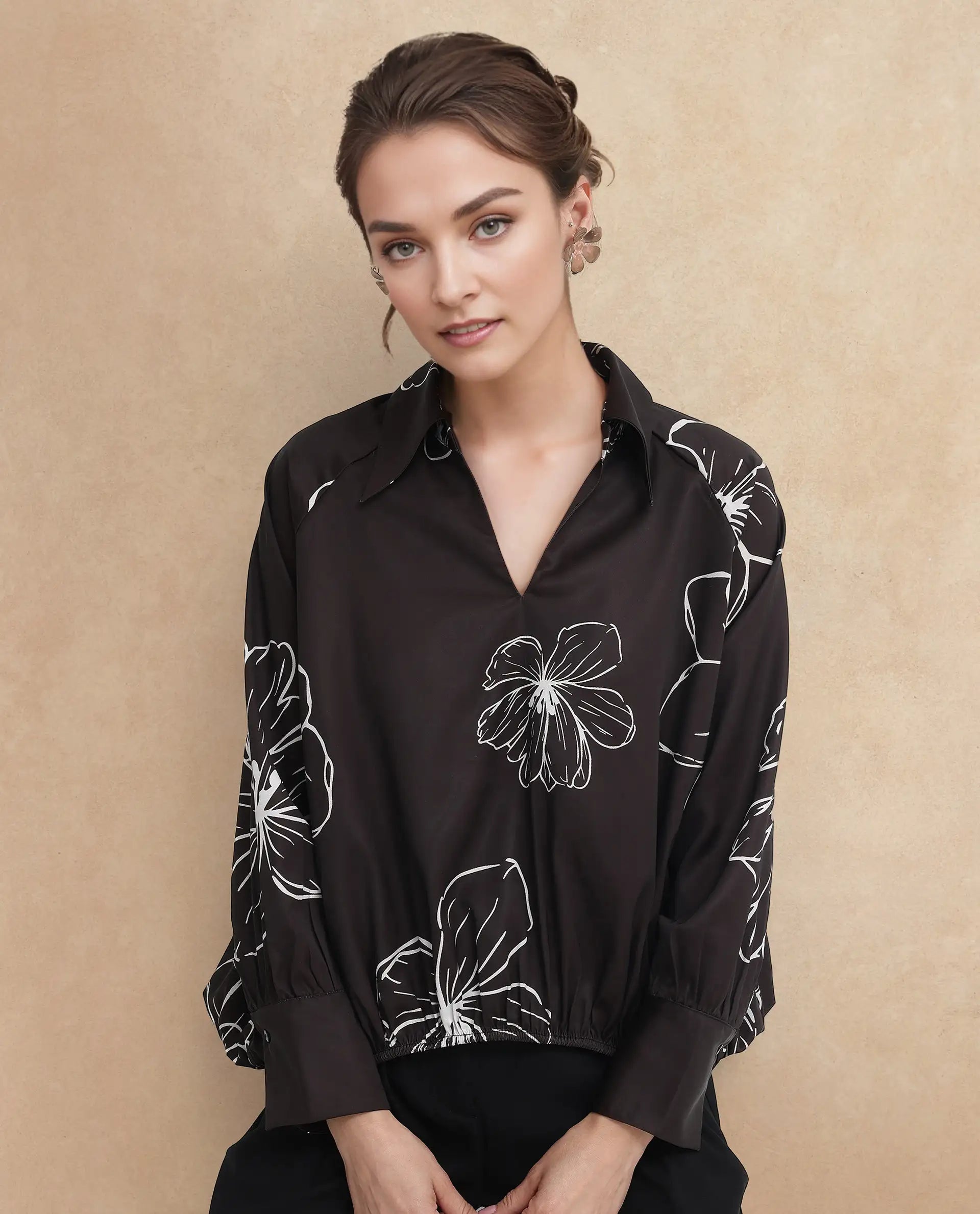 Rareism Women Olin Dark Brown Raglan Sleeves Collared Neck Floral Print Top