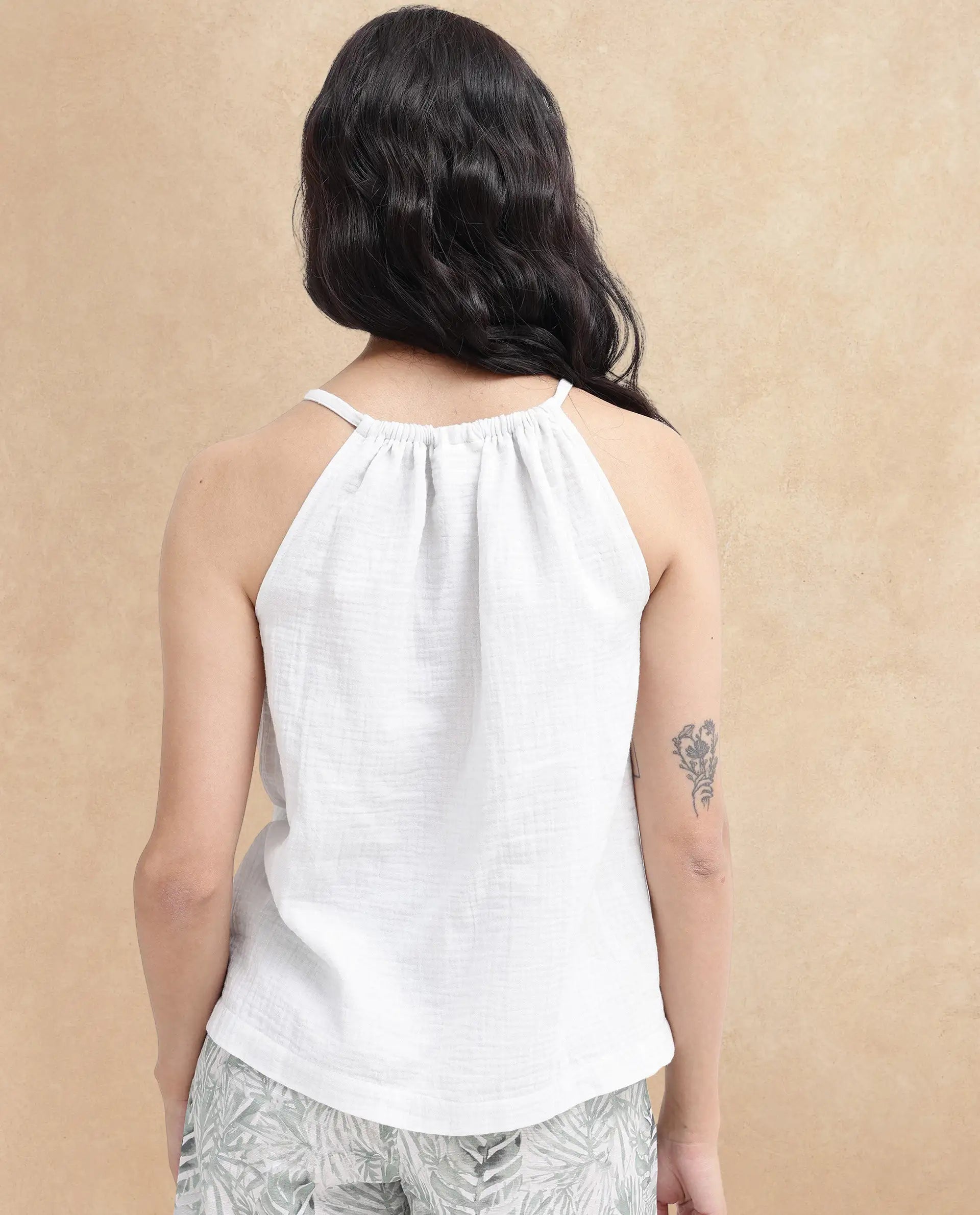 Rareism Women Oliya Off White Cotton Sleeveless Halter Neck Tropical Print Top