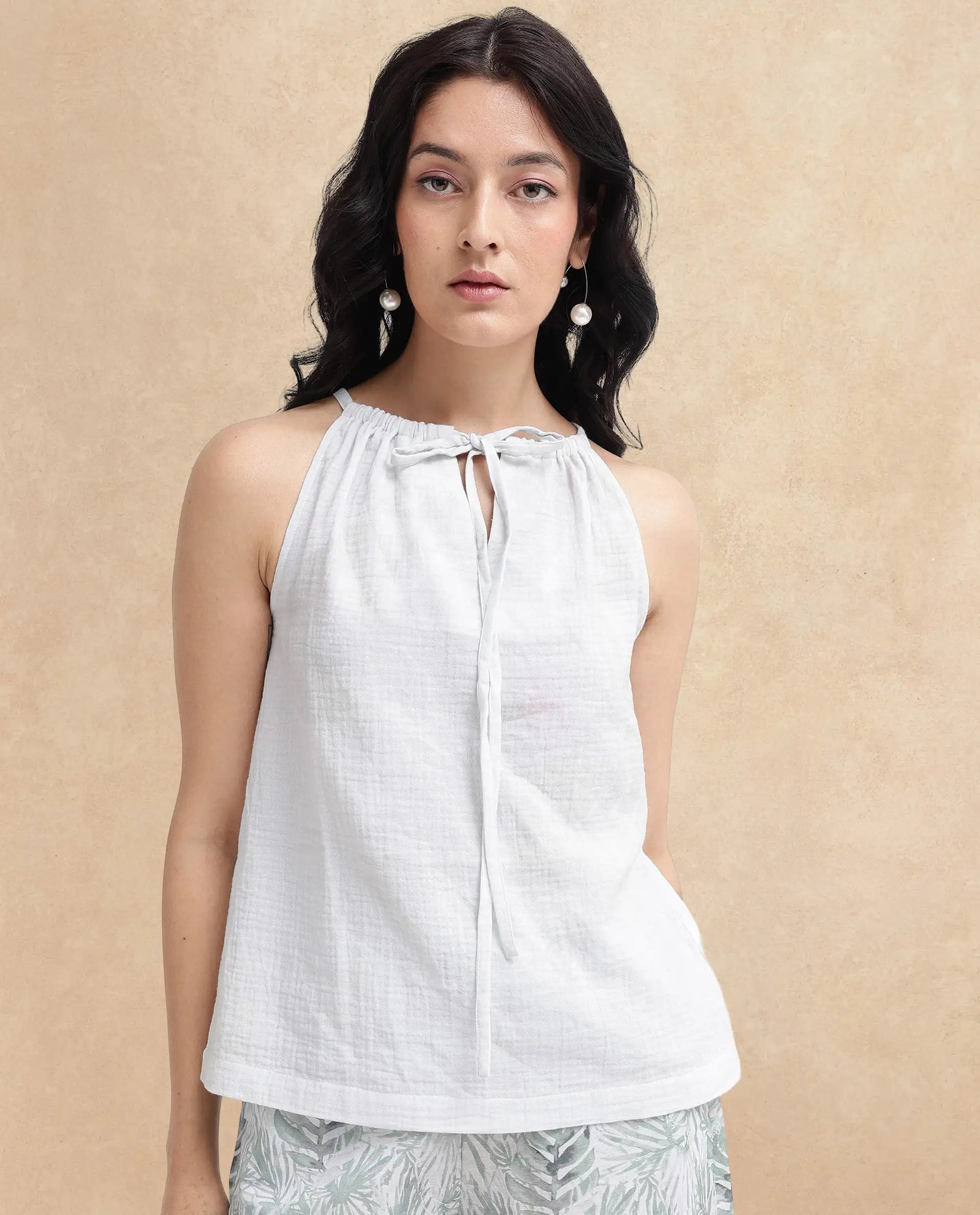 Rareism Women Oliya Off White Cotton Sleeveless Halter Neck Tropical Print Top