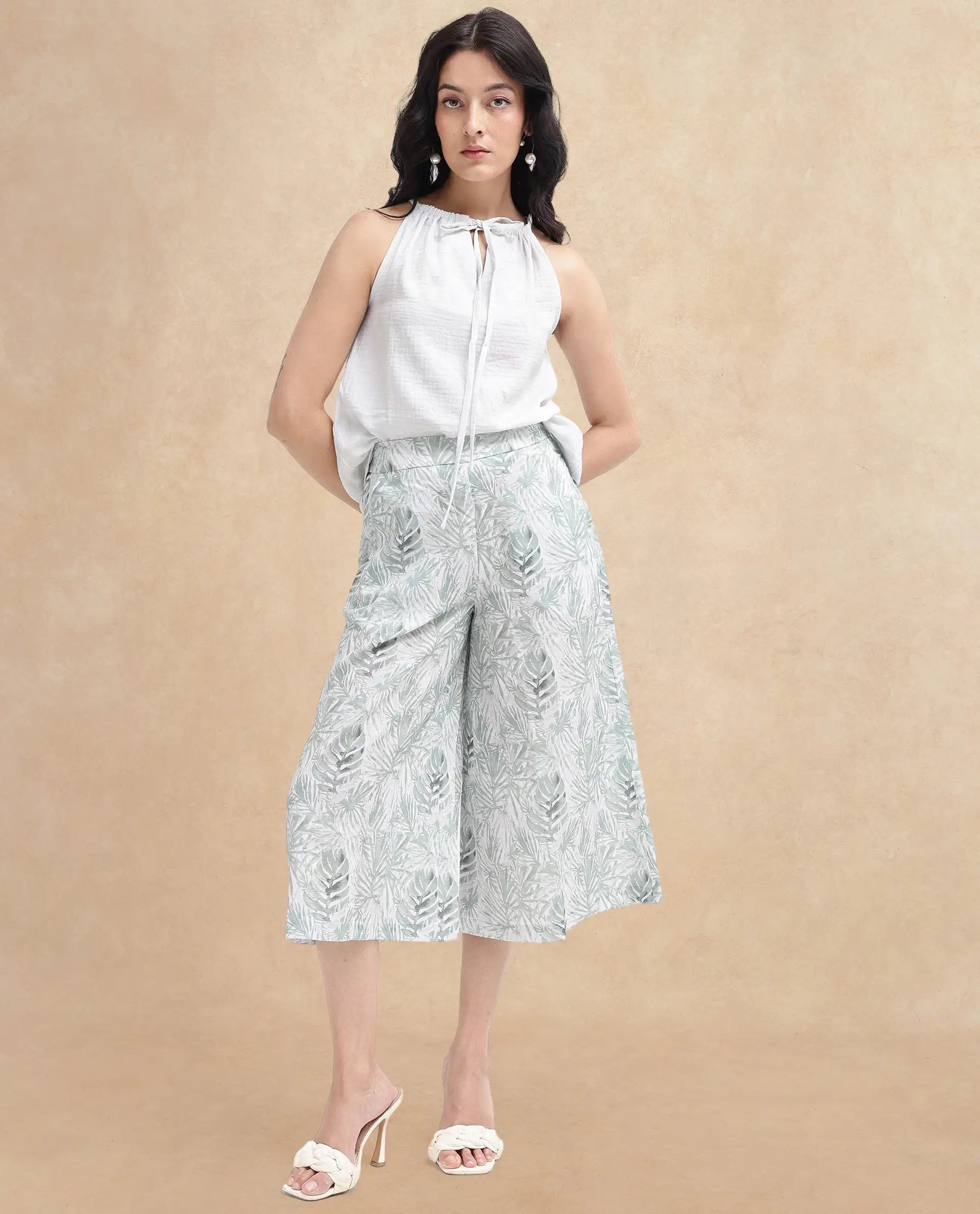 Rareism Women Oliya Off White Cotton Sleeveless Halter Neck Tropical Print Top