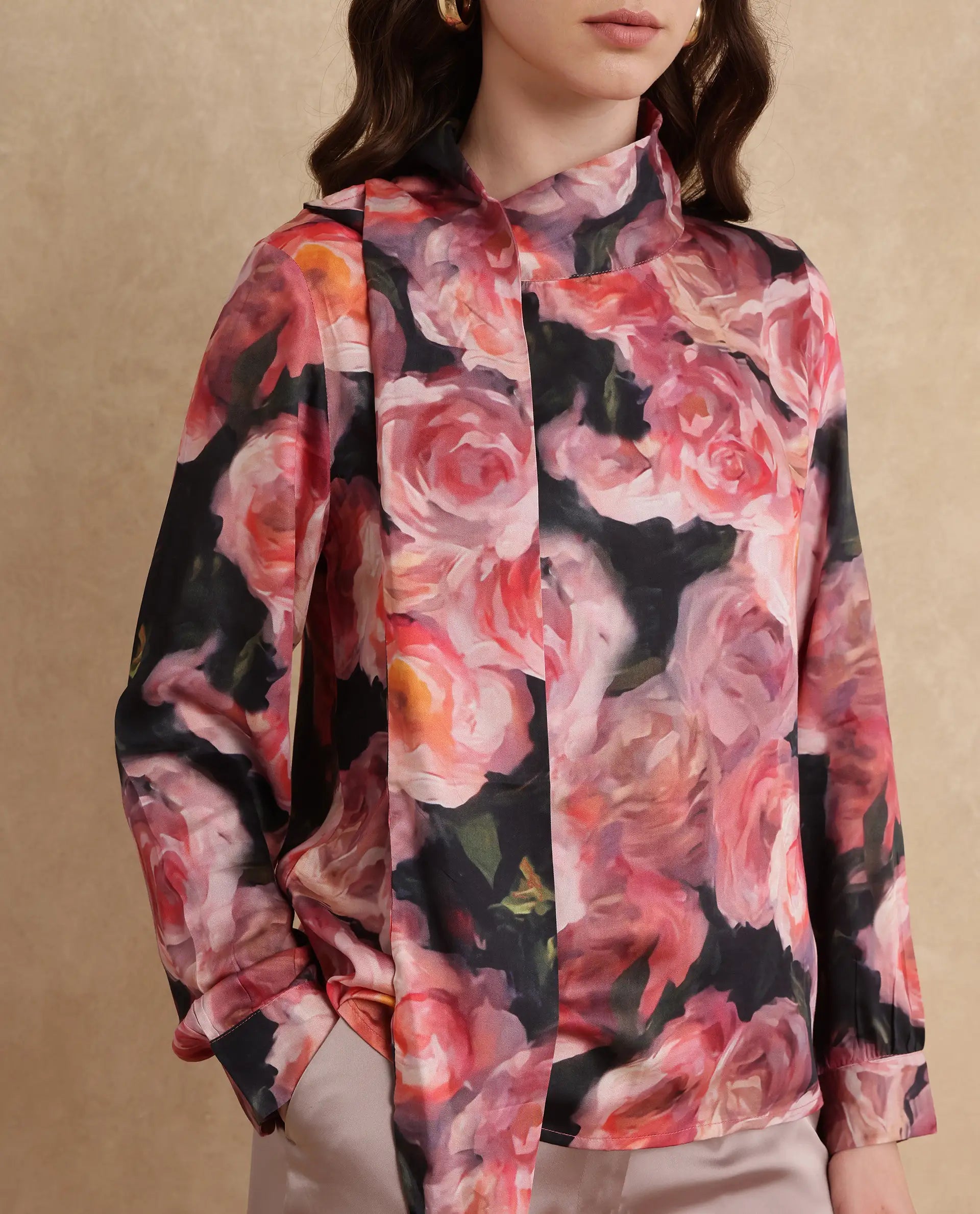 Rareism Women Oudid Multi Cotton Modal Satin Fabric Cuffed Sleeve Cowl Neck Button Closure Floral Print Top