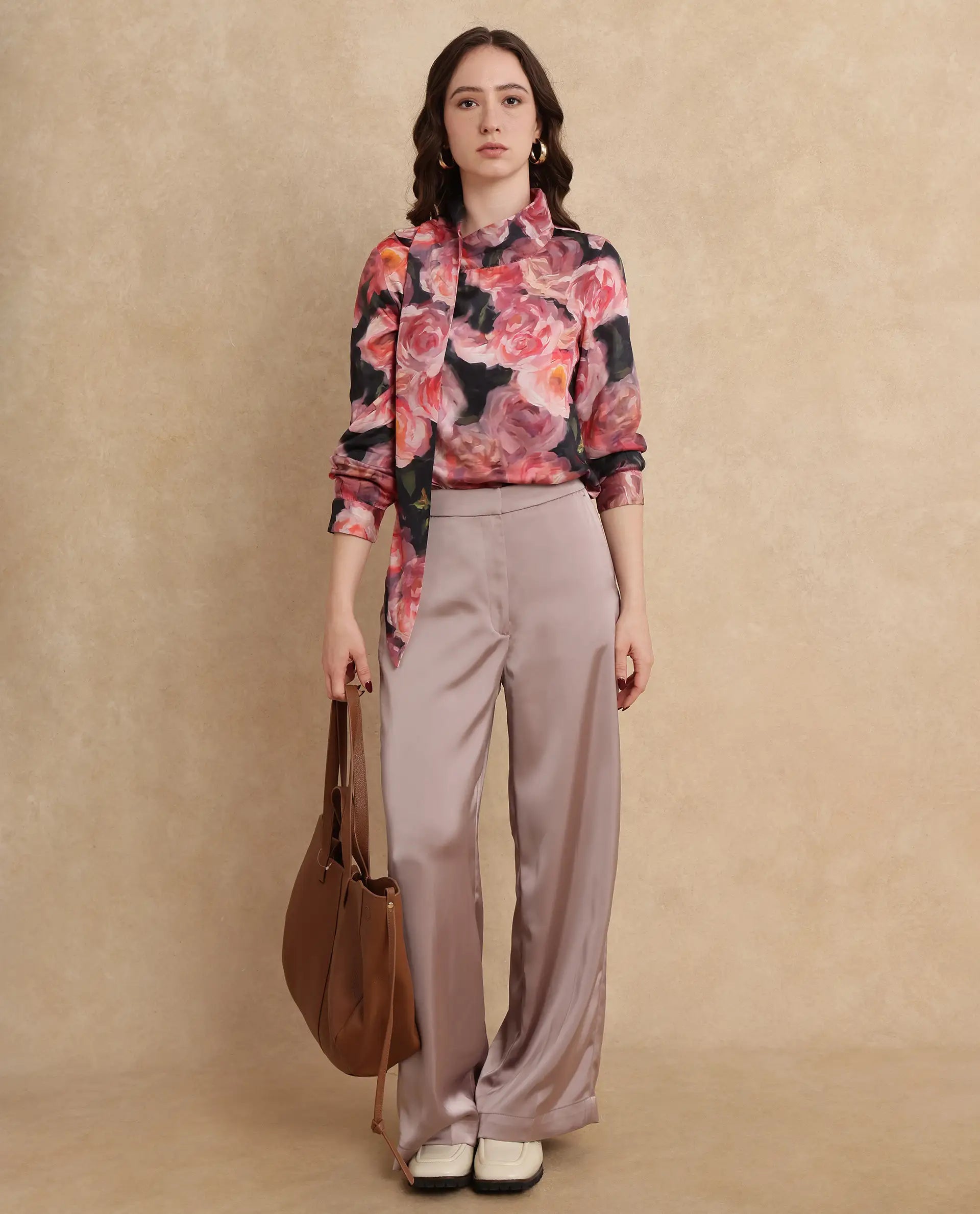 Rareism Women Oudid Multi Cotton Modal Satin Fabric Cuffed Sleeve Cowl Neck Button Closure Floral Print Top