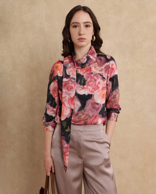 Rareism Women Oudid Multi Cotton Modal Satin Fabric Cuffed Sleeve Cowl Neck Button Closure Floral Print Top