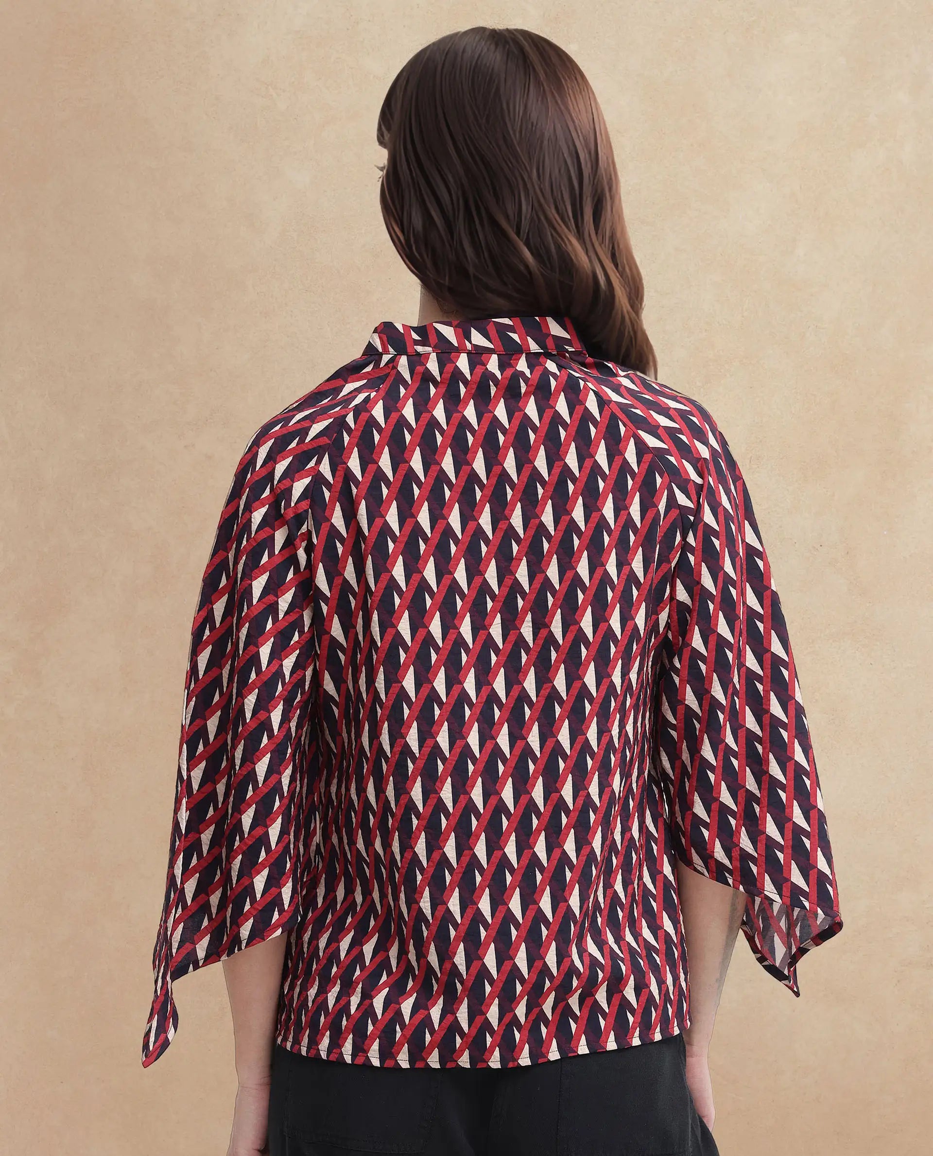 Rareism Women Palin Dark Multi Raglan Sleeves V-Neck Button Geometric Print Top