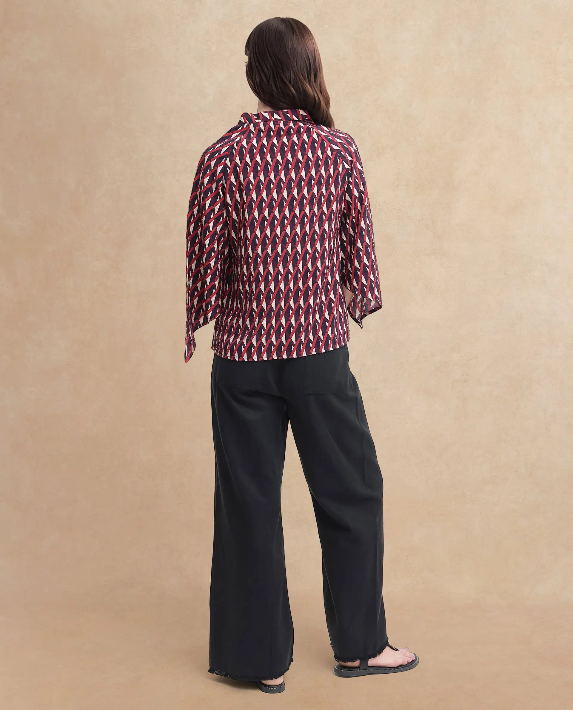 Rareism Women Palin Dark Multi Raglan Sleeves V-Neck Button Geometric Print Top