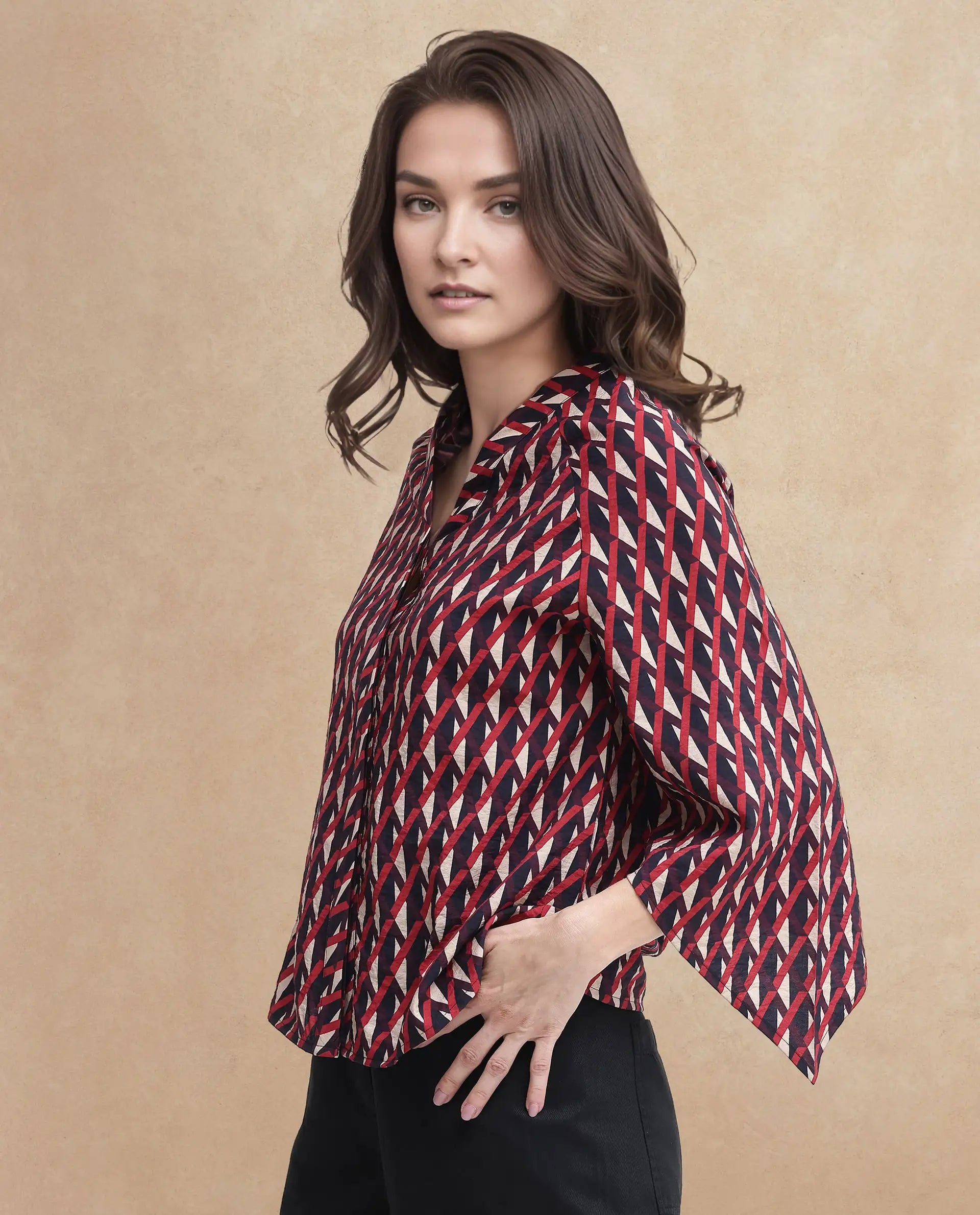 Rareism Women Palin Dark Multi Raglan Sleeves V-Neck Button Geometric Print Top