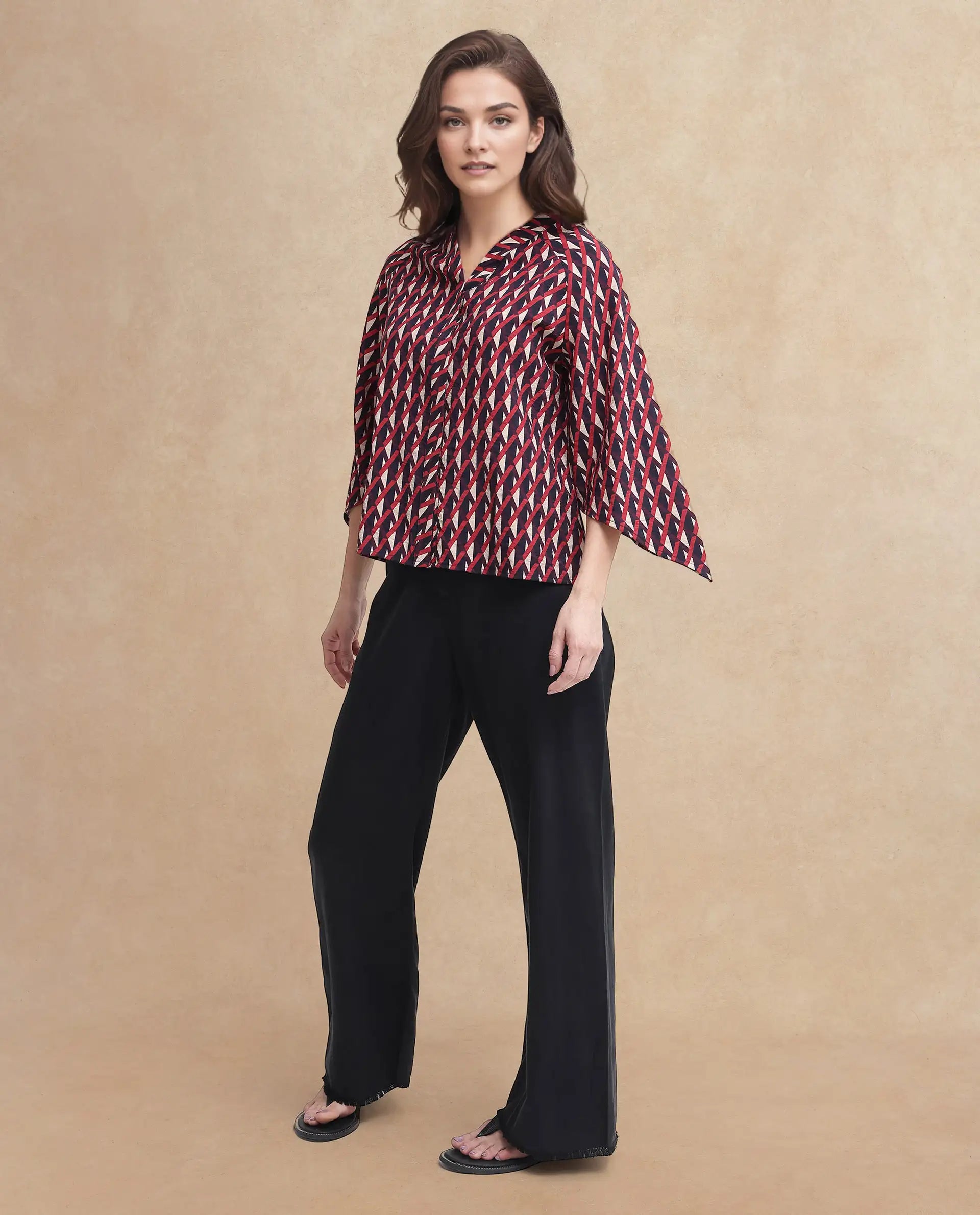 Rareism Women Palin Dark Multi Raglan Sleeves V-Neck Button Geometric Print Top