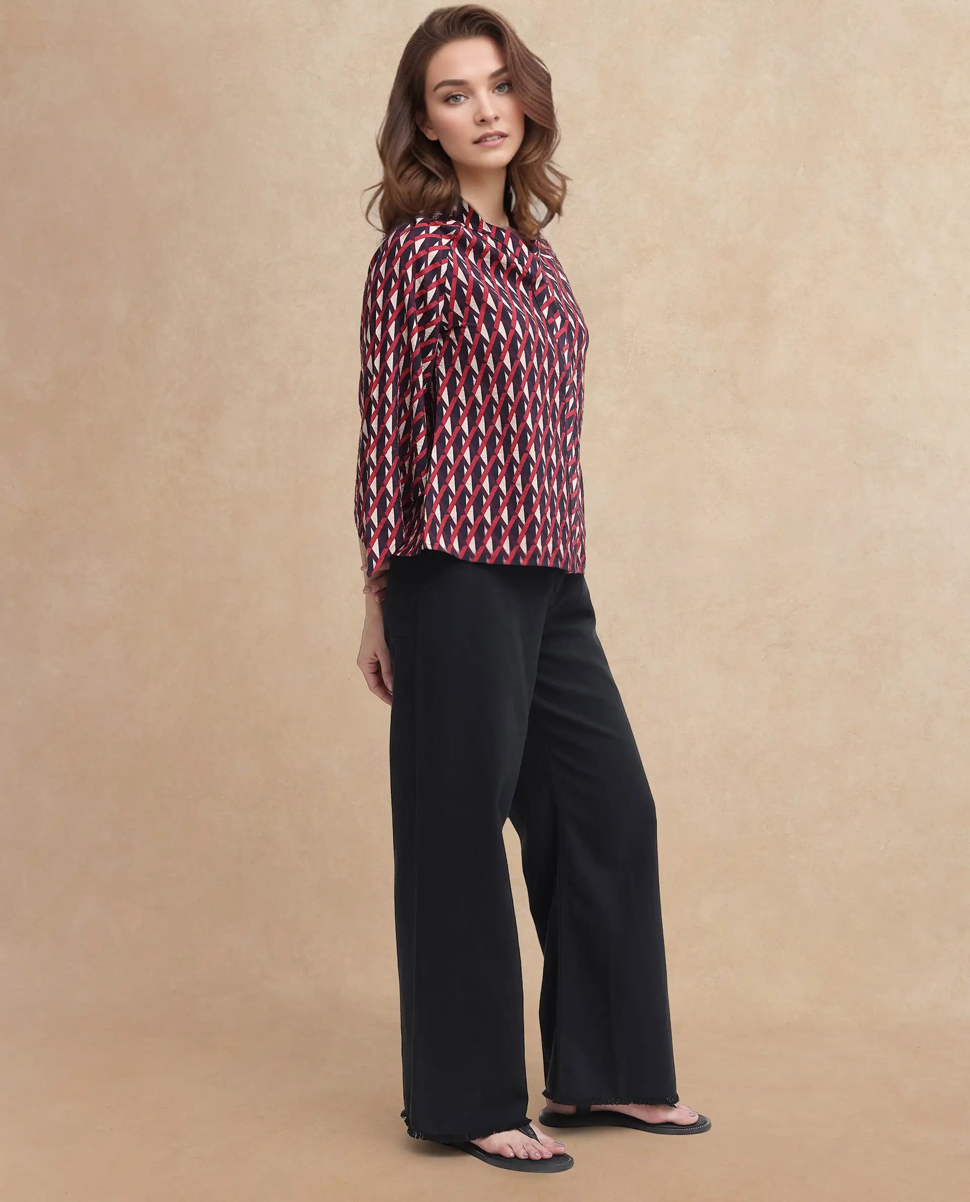 Rareism Women Palin Dark Multi Raglan Sleeves V-Neck Button Geometric Print Top